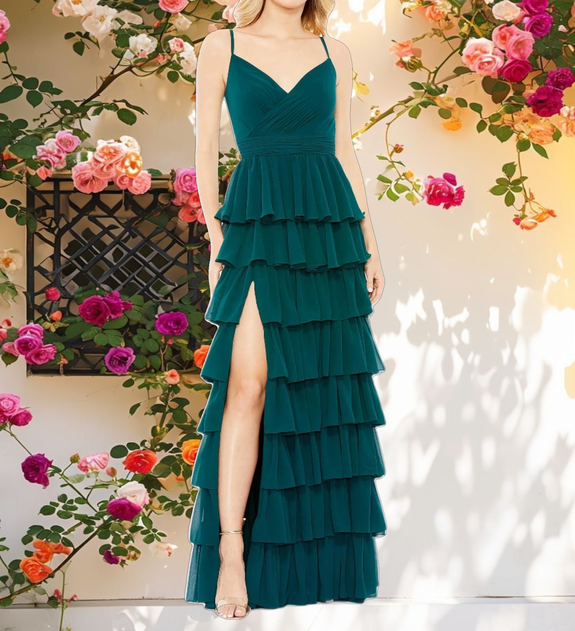 Green V-Neck Sleeveless Gown with Ruffled Skirt