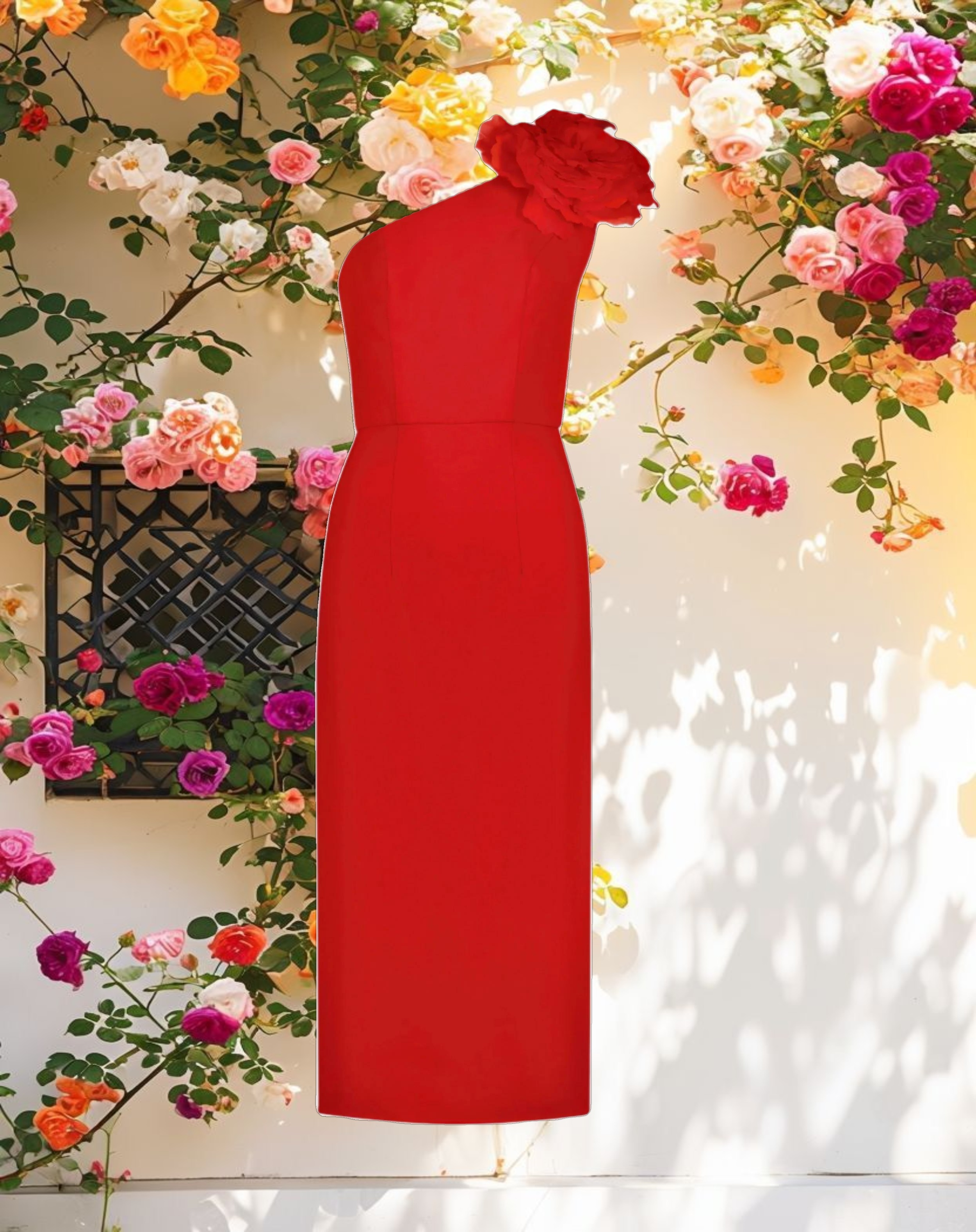 Pink Satin One Shoulder Midi Dress With Bloom