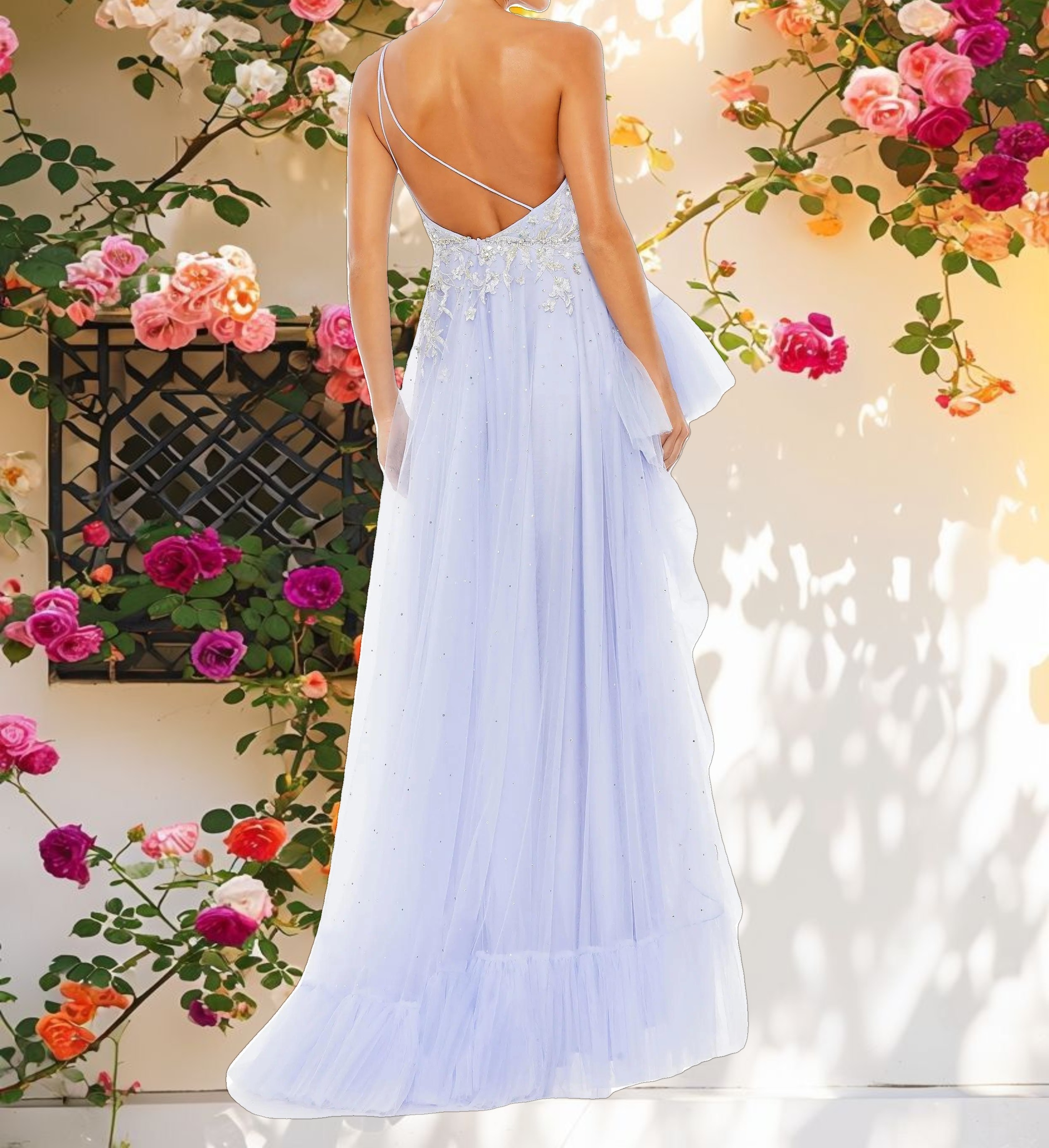 Pink Decorated Open-Shoulder Asymmetrical Hem Dress