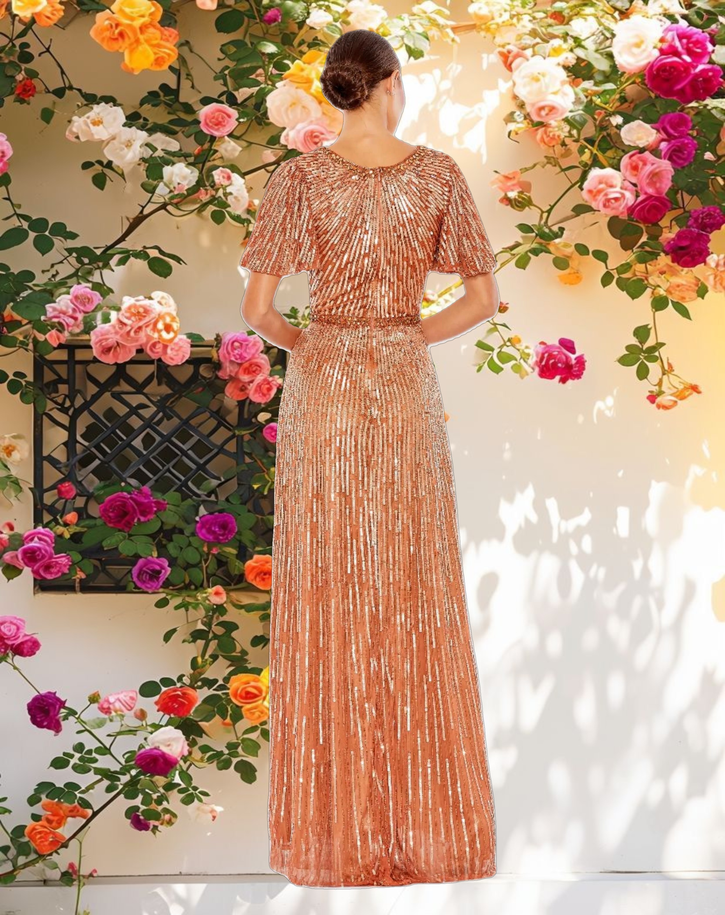 Shimmering Sequin V Neck Butterfly Sleeve Column Gown