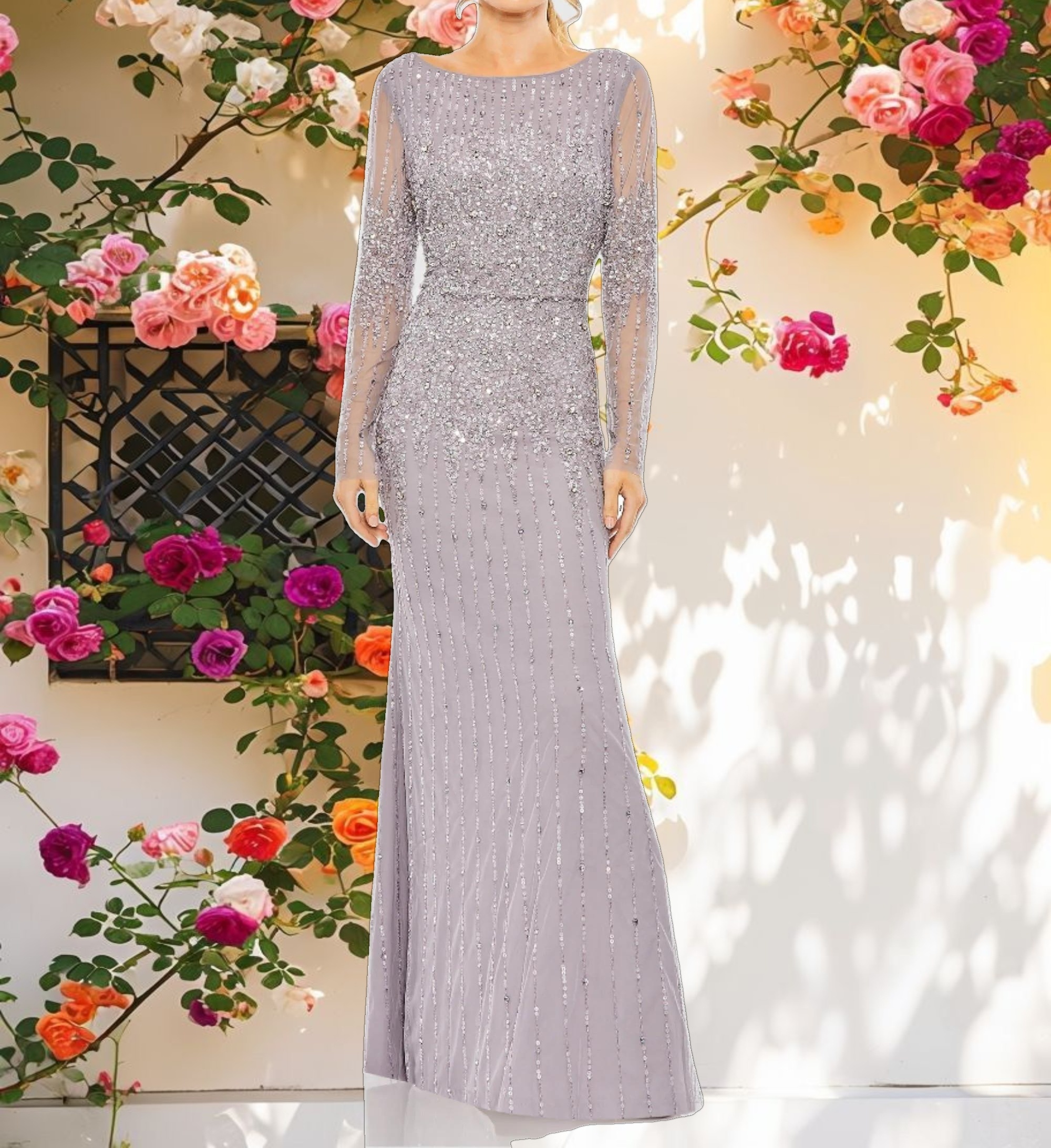 Purple High Neck Sequin Embellished Long Sleeve A Line Gown