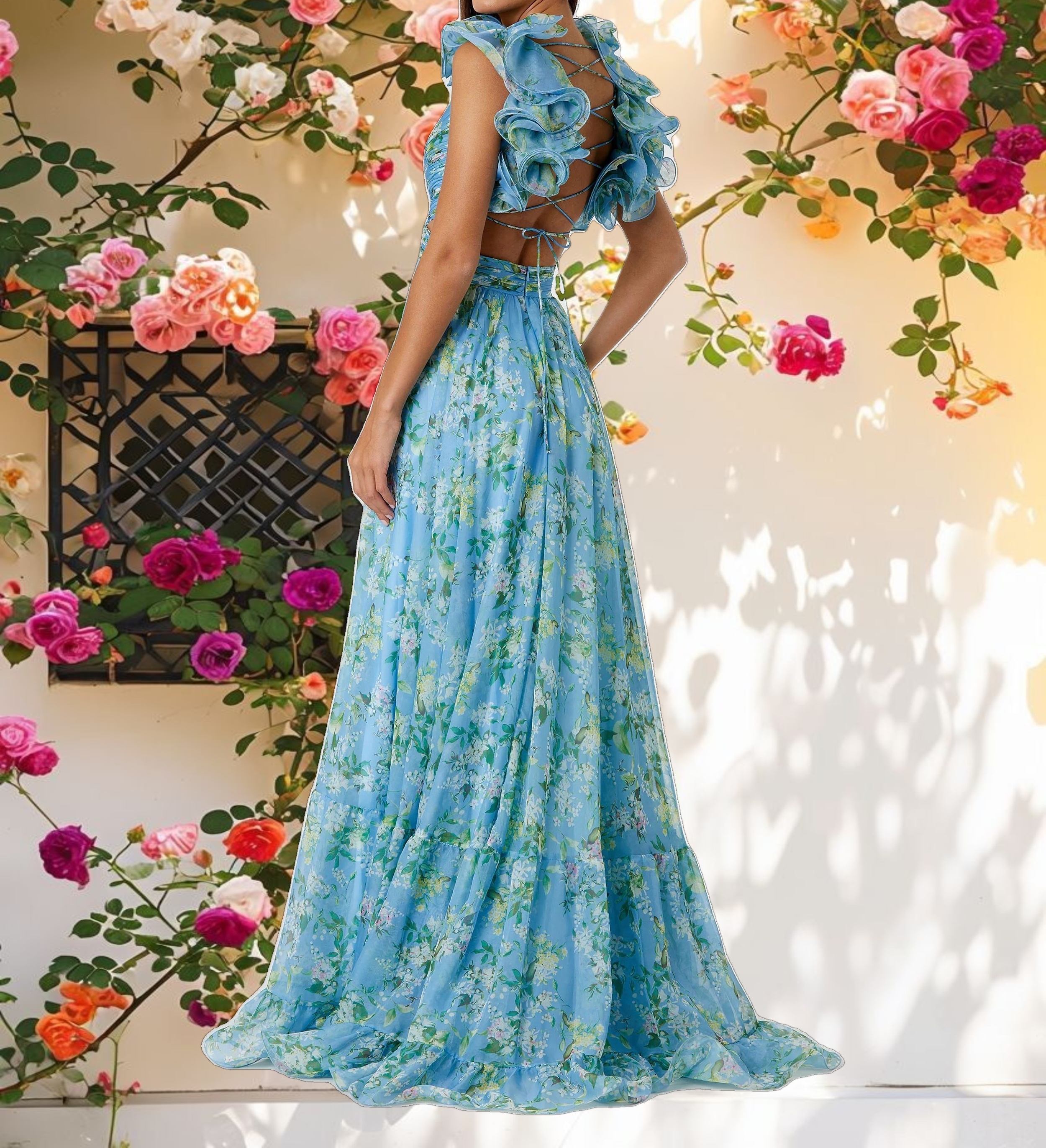 Ruffle Tiered Floral Cut Out Chiffon Gown
