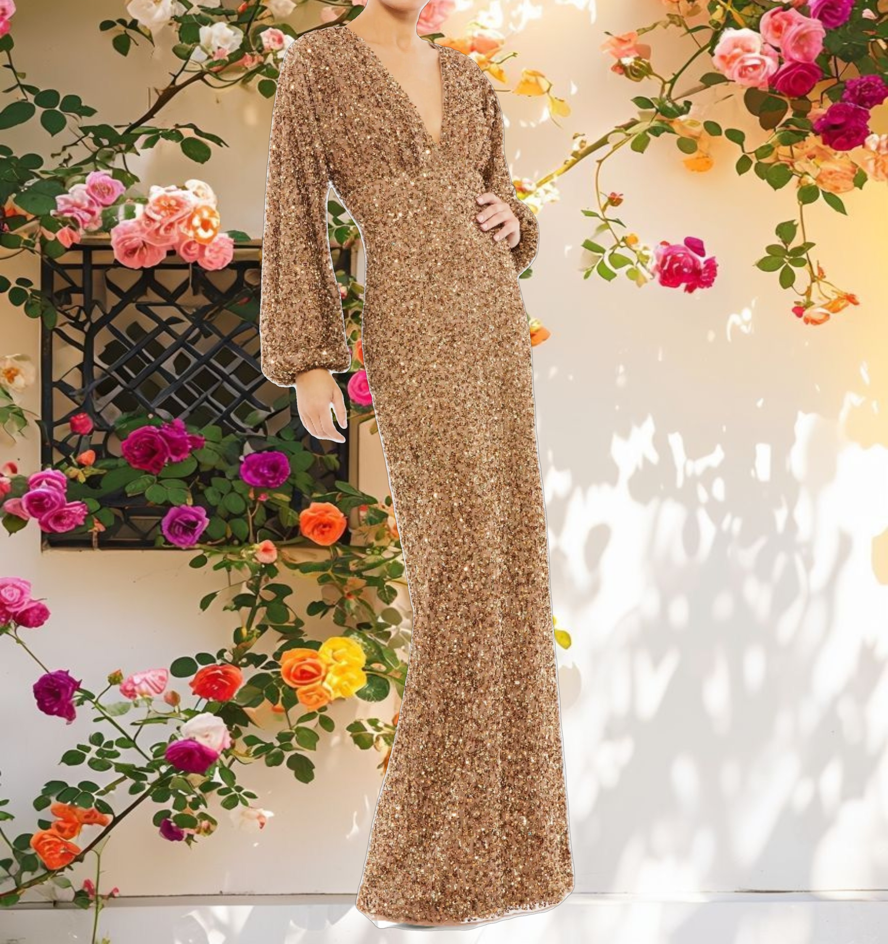 Brown Sequined Puff Sleeve V Neck Gown