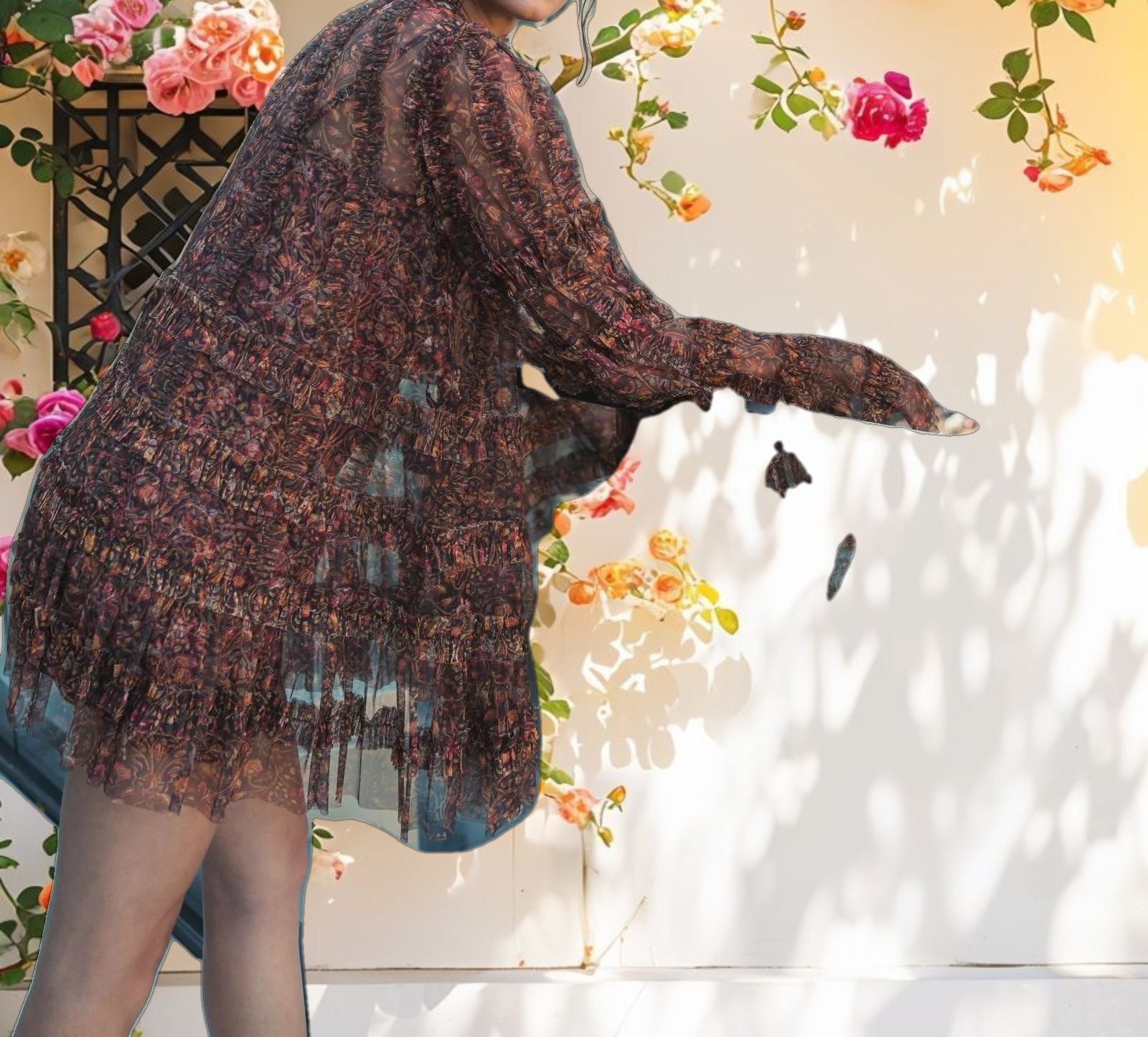 Floral Print Long Flare Sleeve Mesh A Line Dress