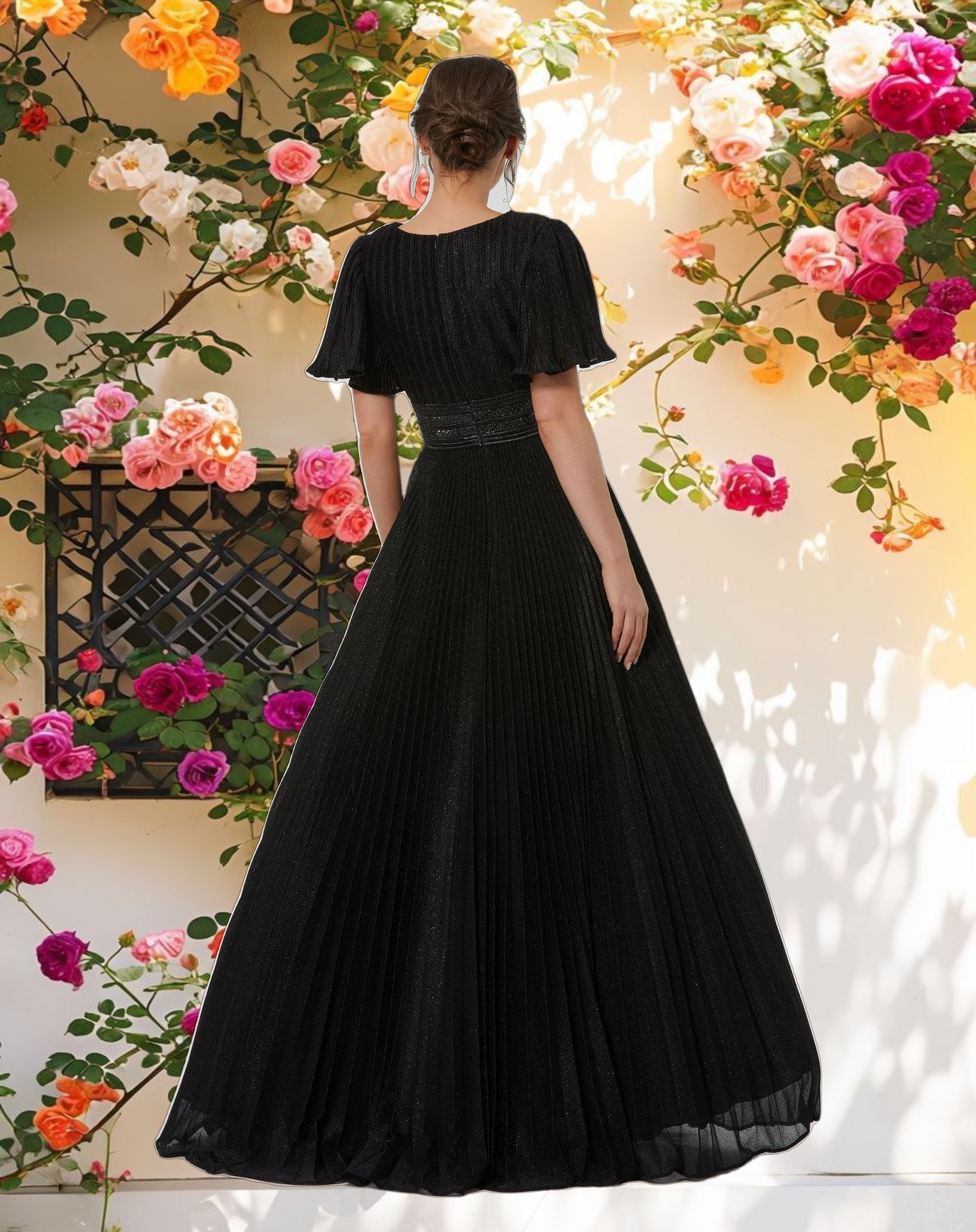 Black Pleated Shimmering Flutter Sleeve Gown