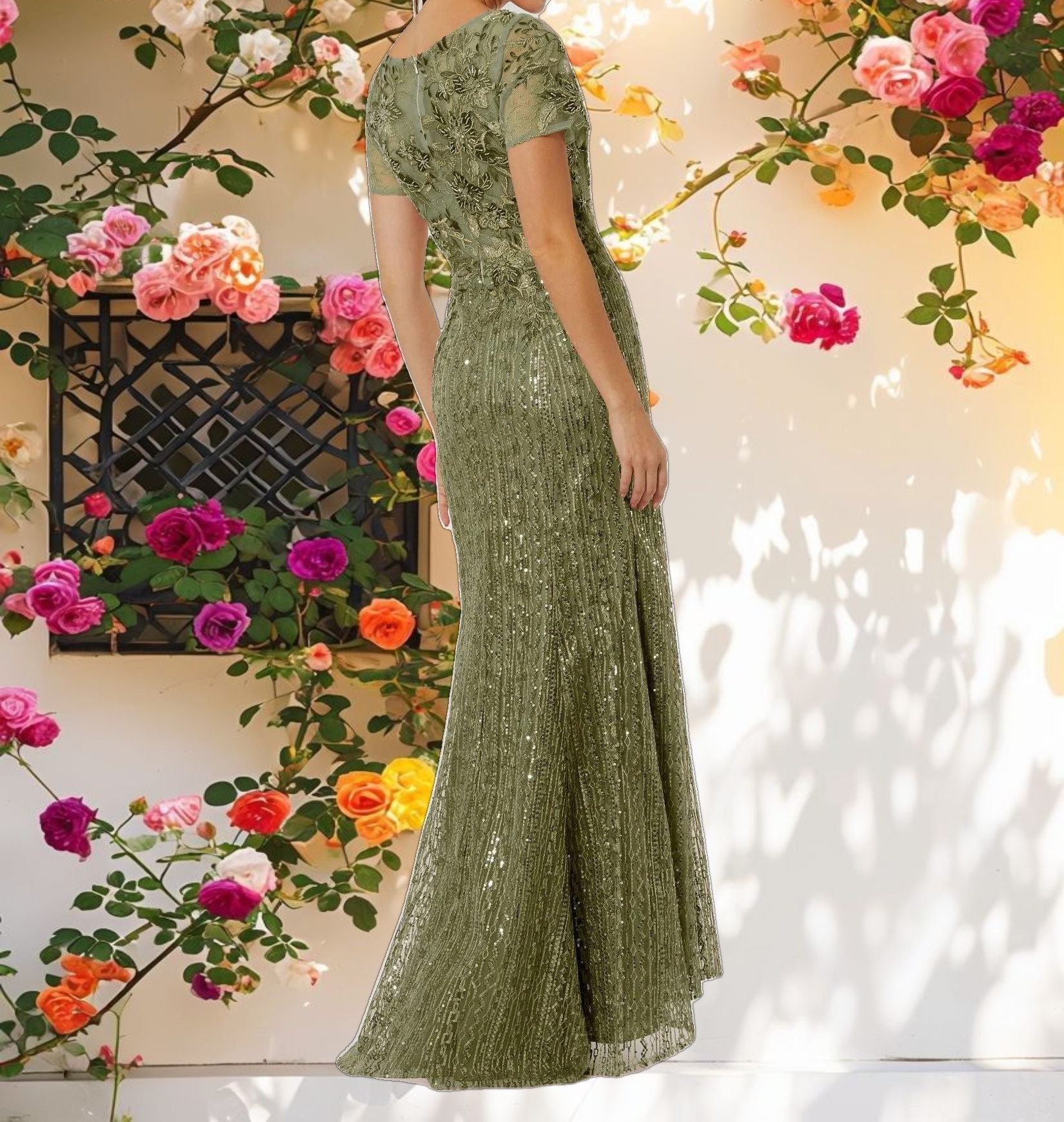 Embroidered V Neck Cap Sleeve Gown