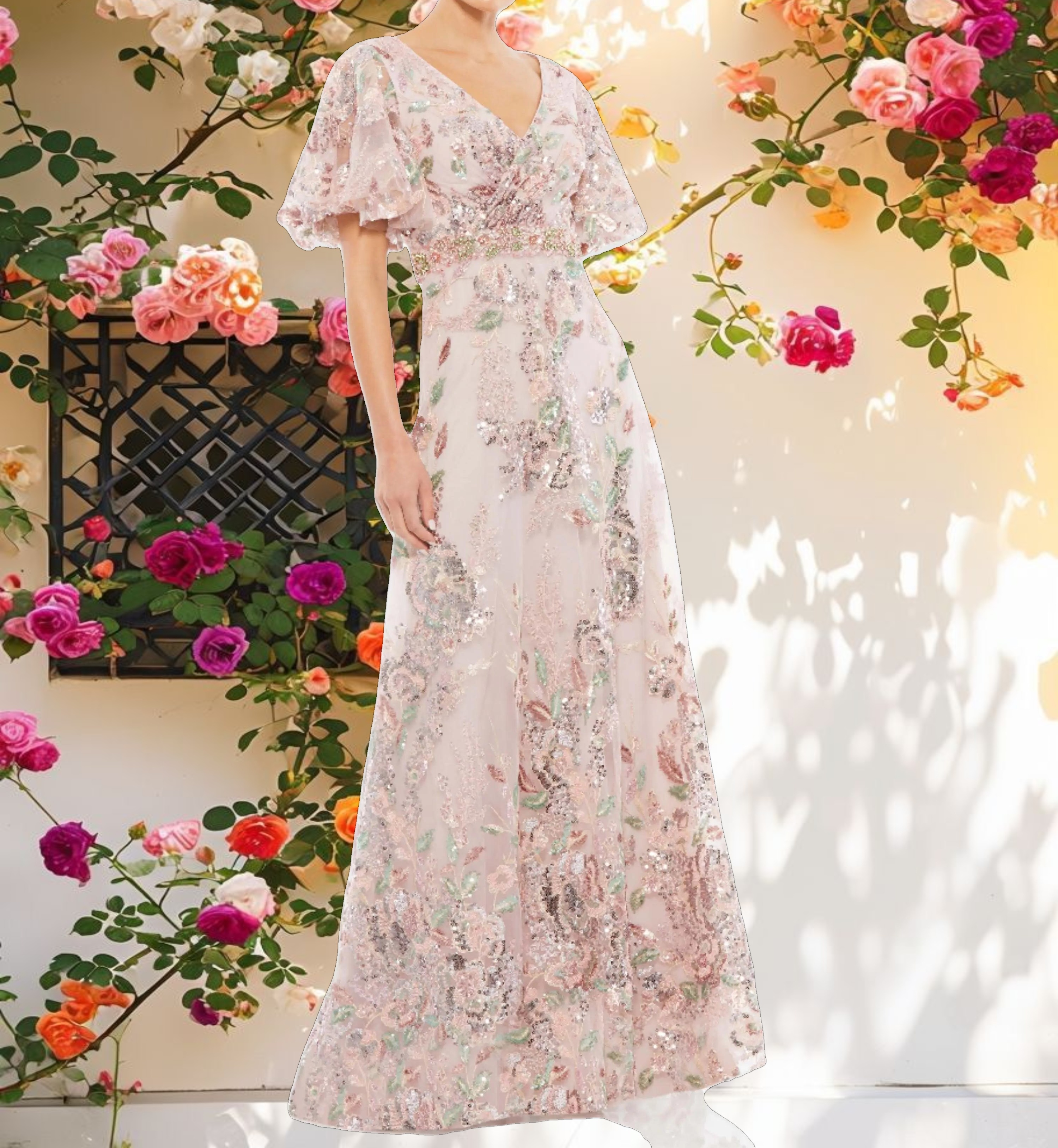 Pink Floral Embellished Short Sleeve Gown