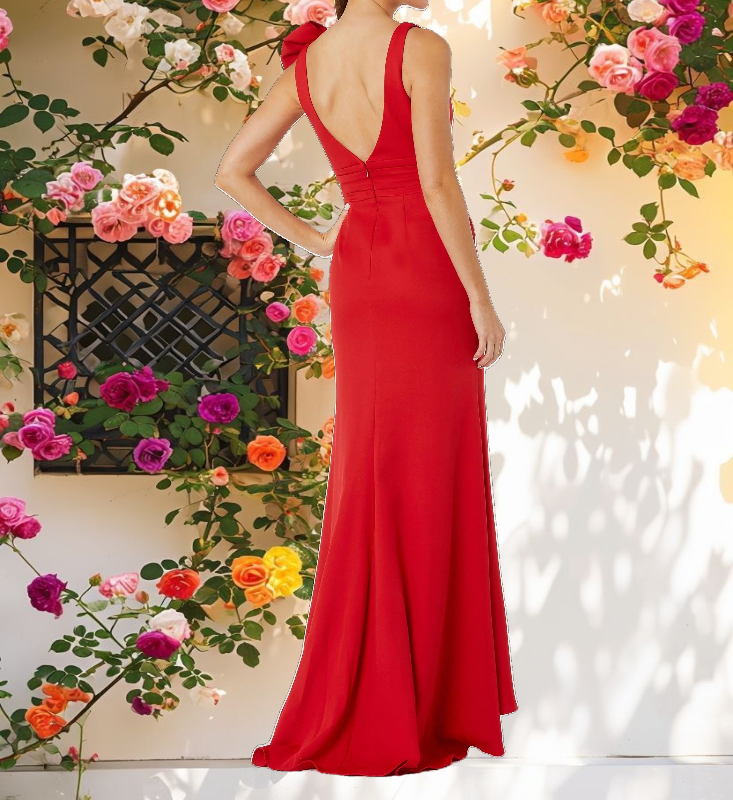 Sleeveless V Neck Bow Detail Mermaid Gown