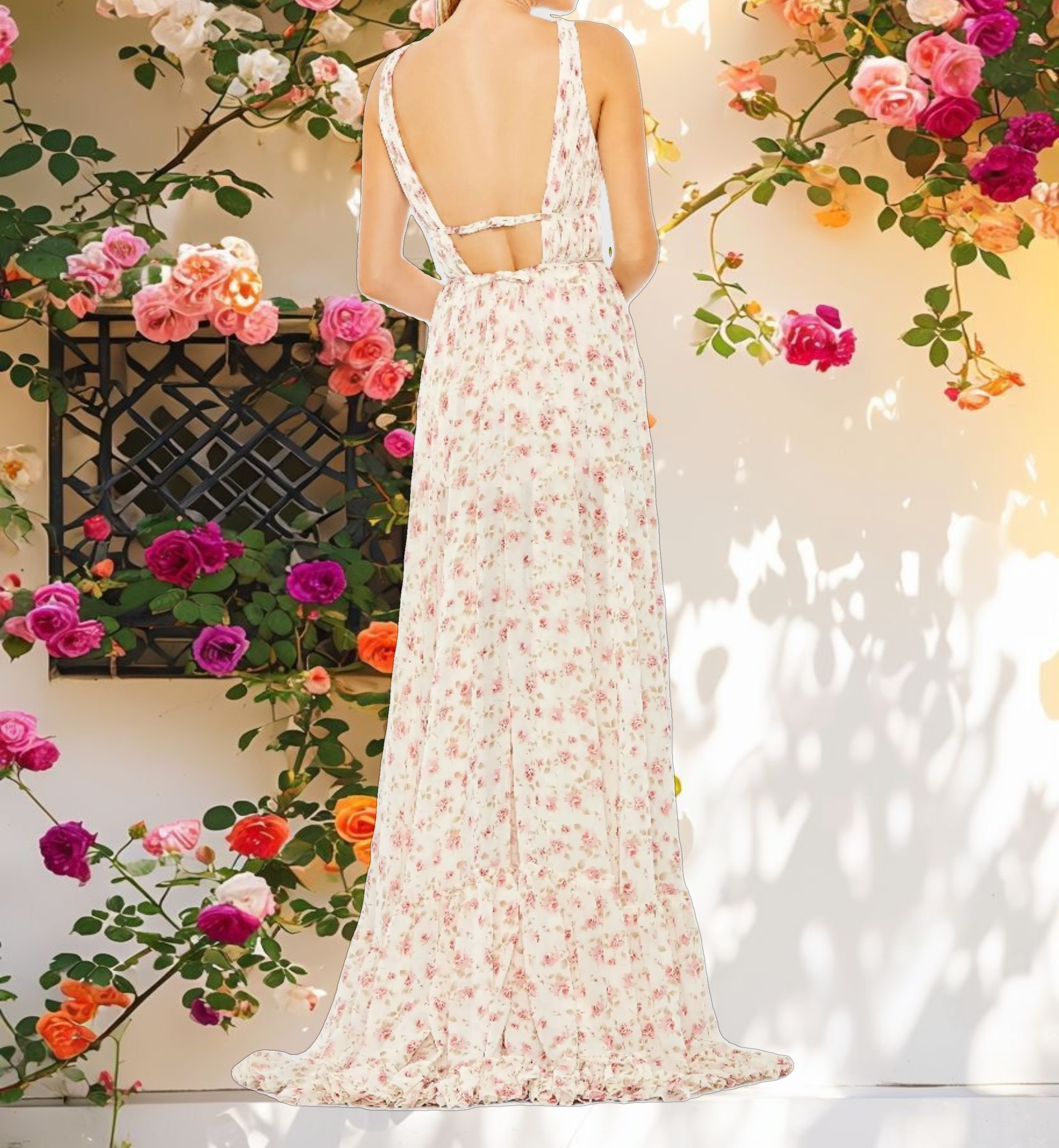 Pink and White Multicolor Floral Print Sleeveless Ruffled High Low Gown