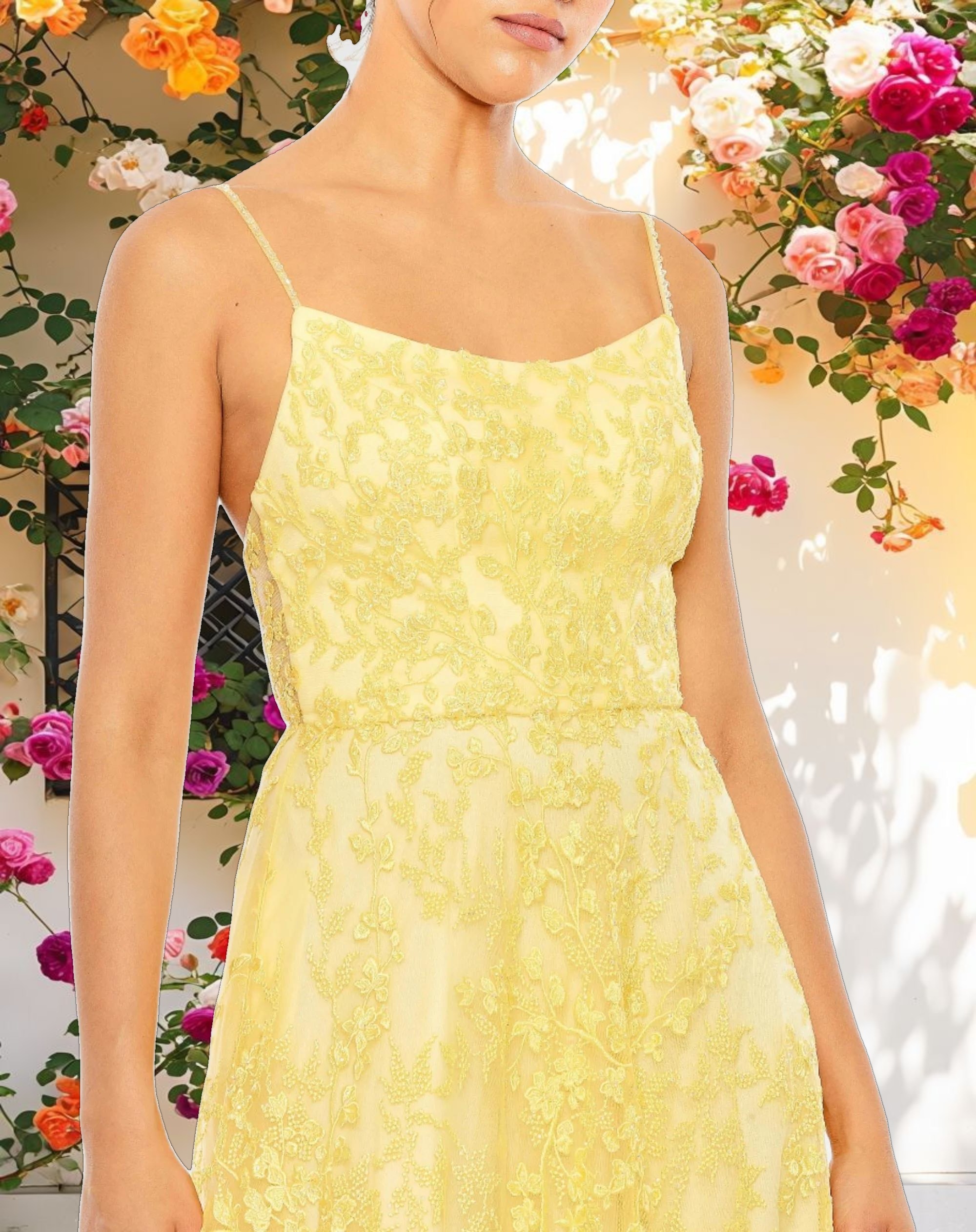 Yellow Floral Applique Cami A Line Gown