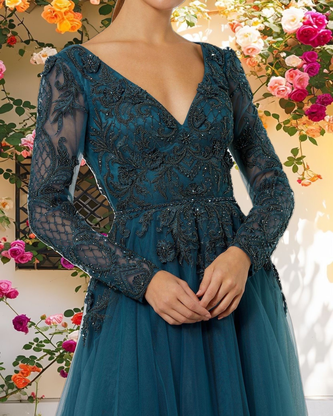 Embroidered Floral Embellished Tulle Gown