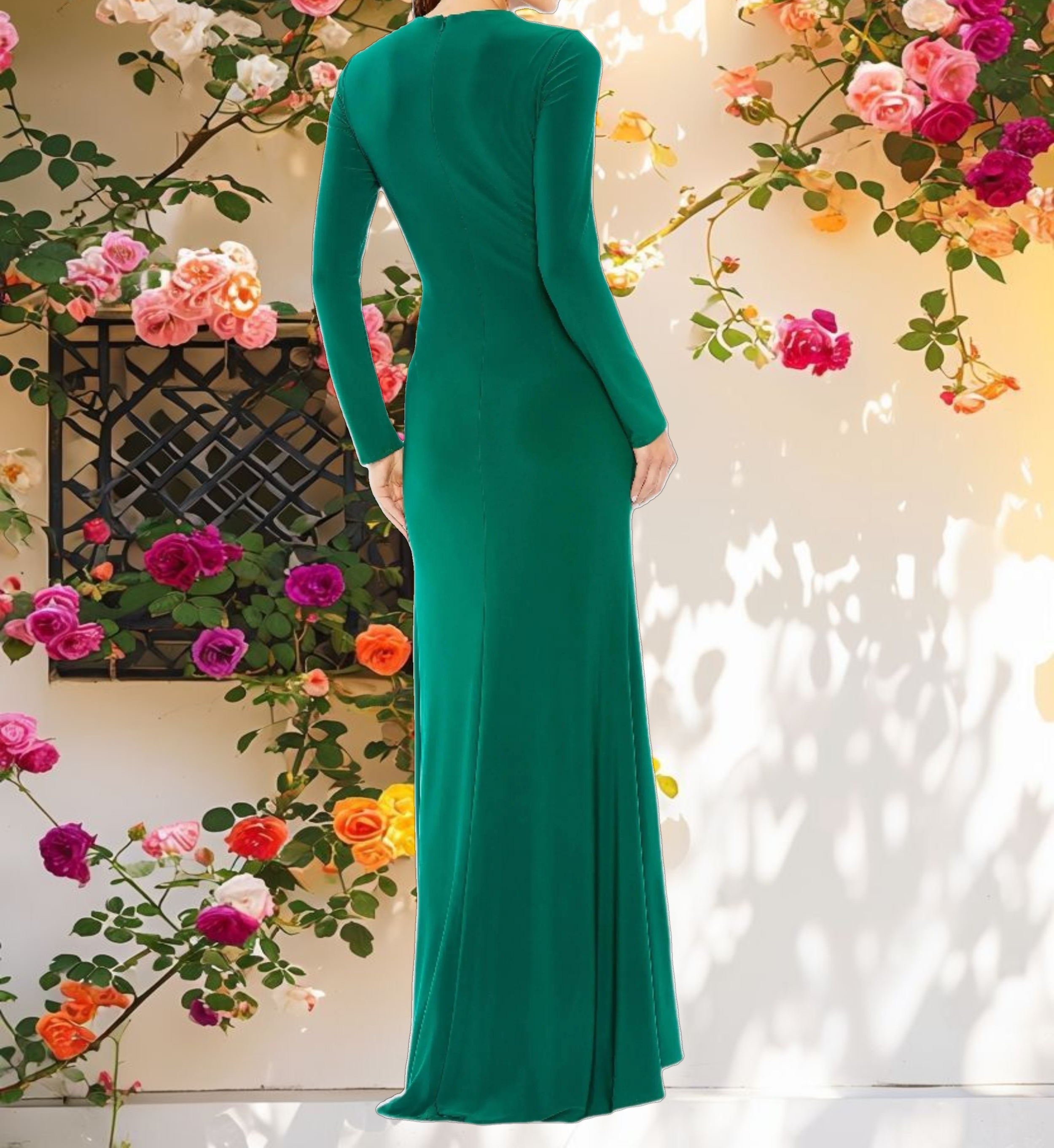 Green Long Sleeve Keyhole Draped Gown