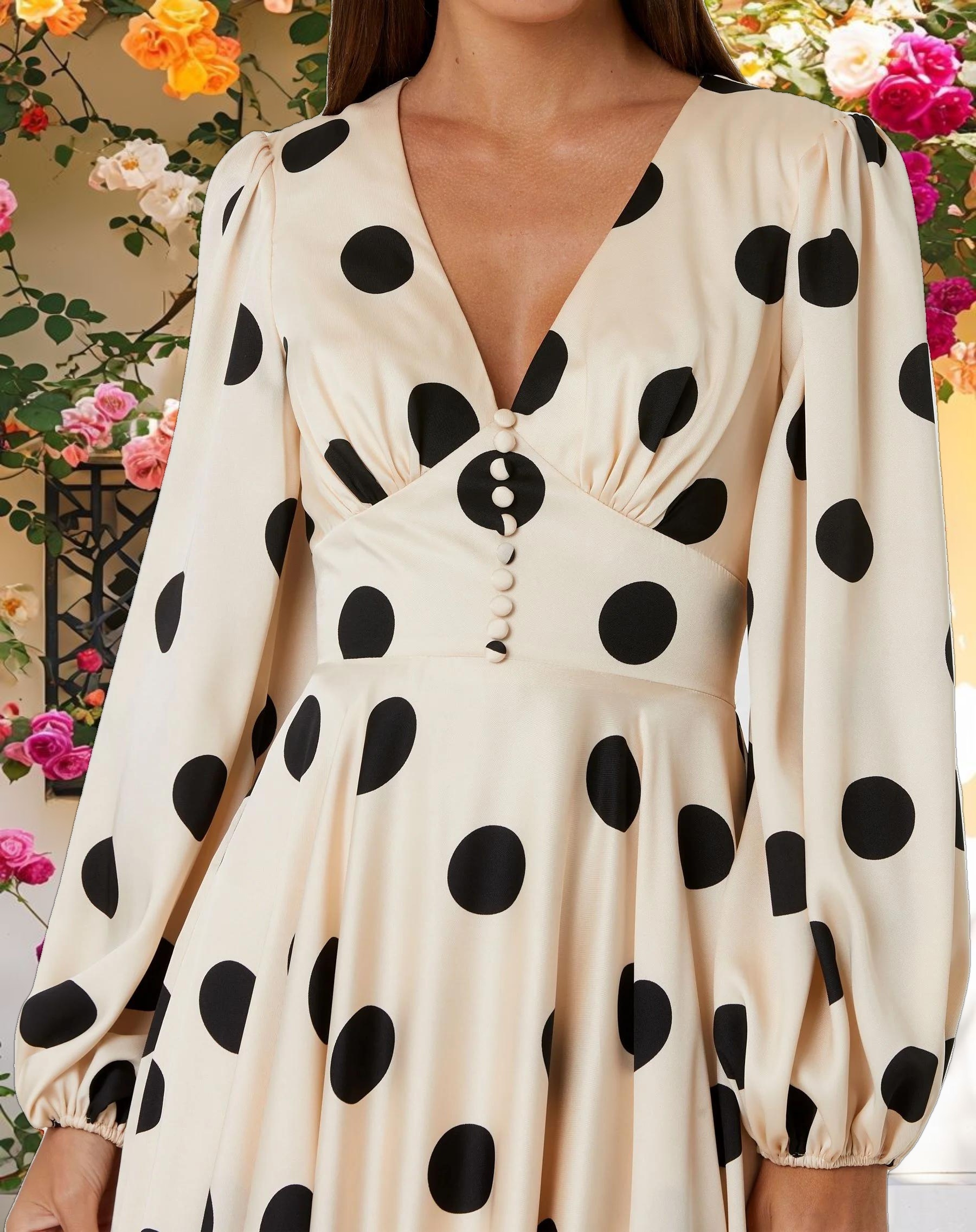 Cream Black Polka Dot Charmeuse Long Sleeve V Neck Midi Dress