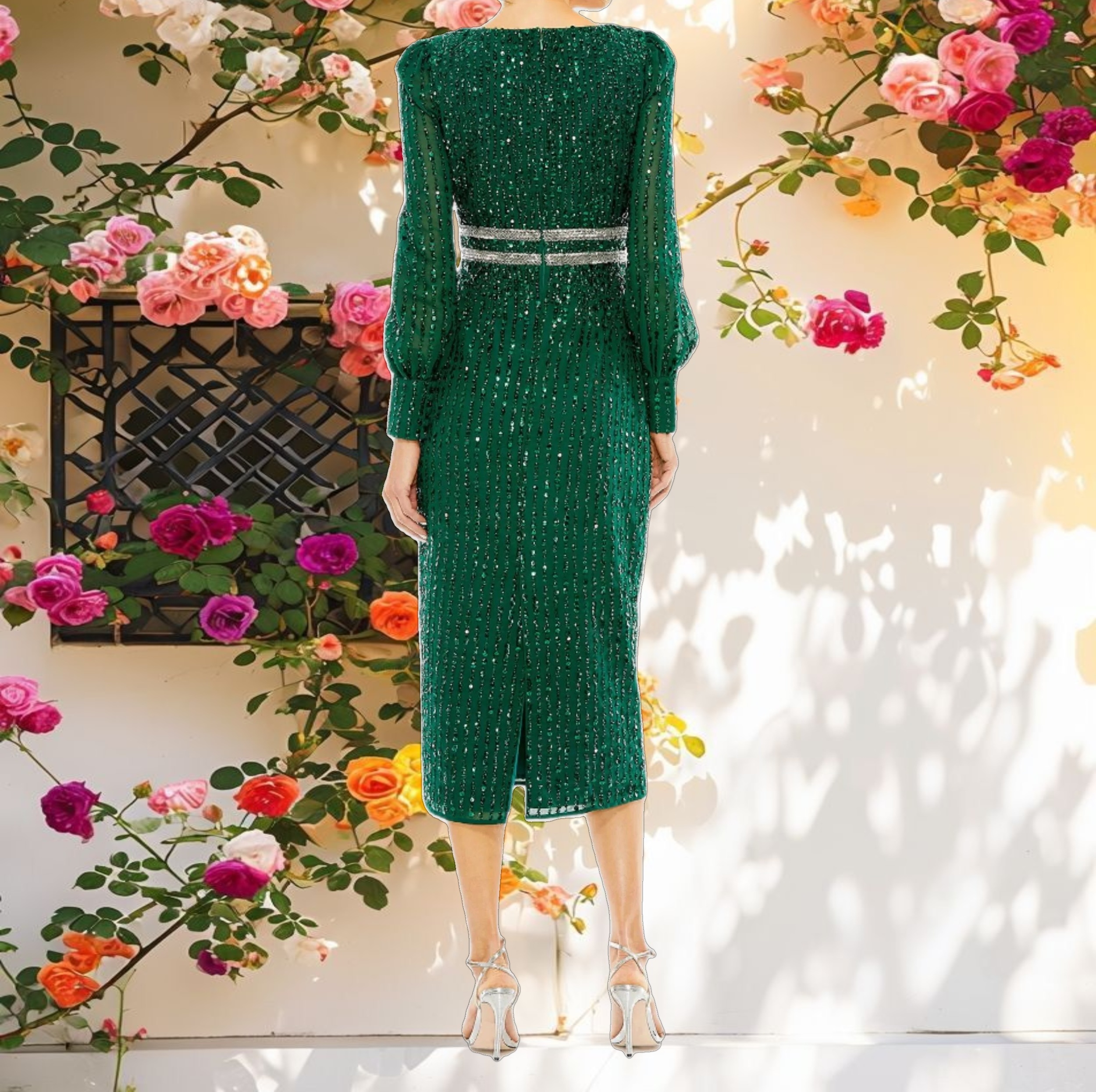 Green Sequined V Neck Bishop Sleeve Dress