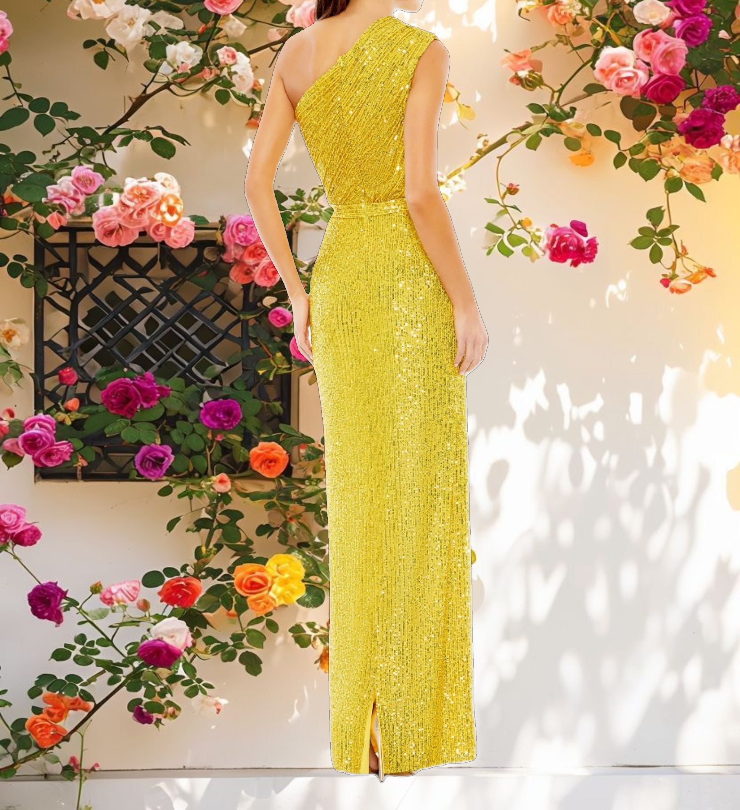 Yellow Sequined Ruched One Shoulder Gown
