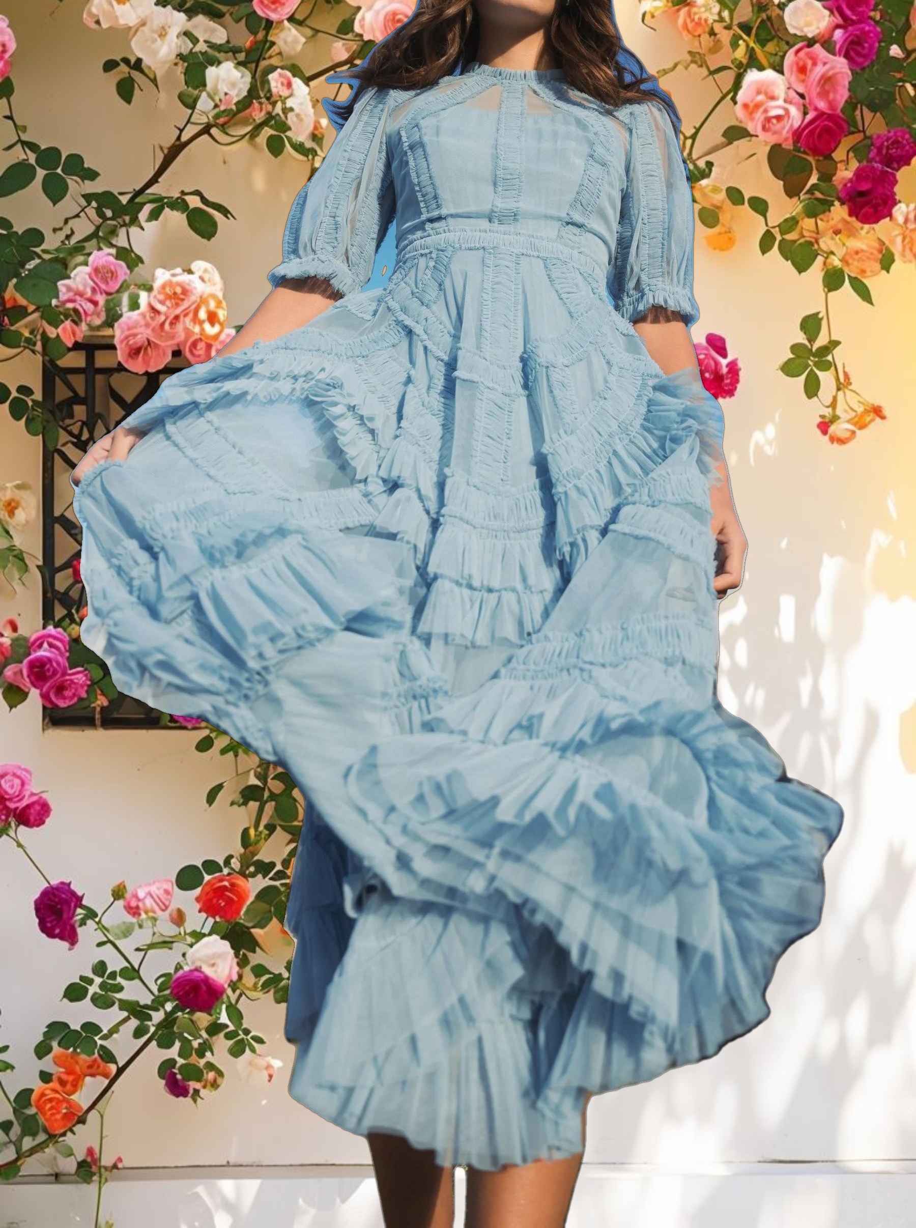 Blue High Neck Micro Ruffle Tiered Midi Dress