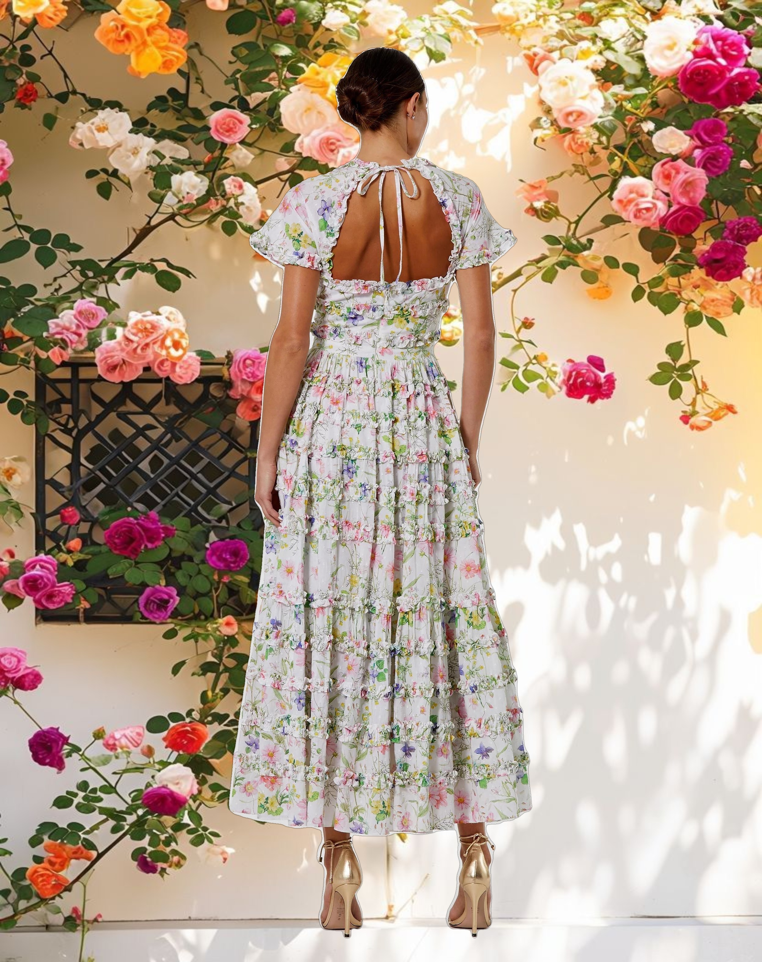 White Floral Ruffle Open Back Cotton Midi Dress