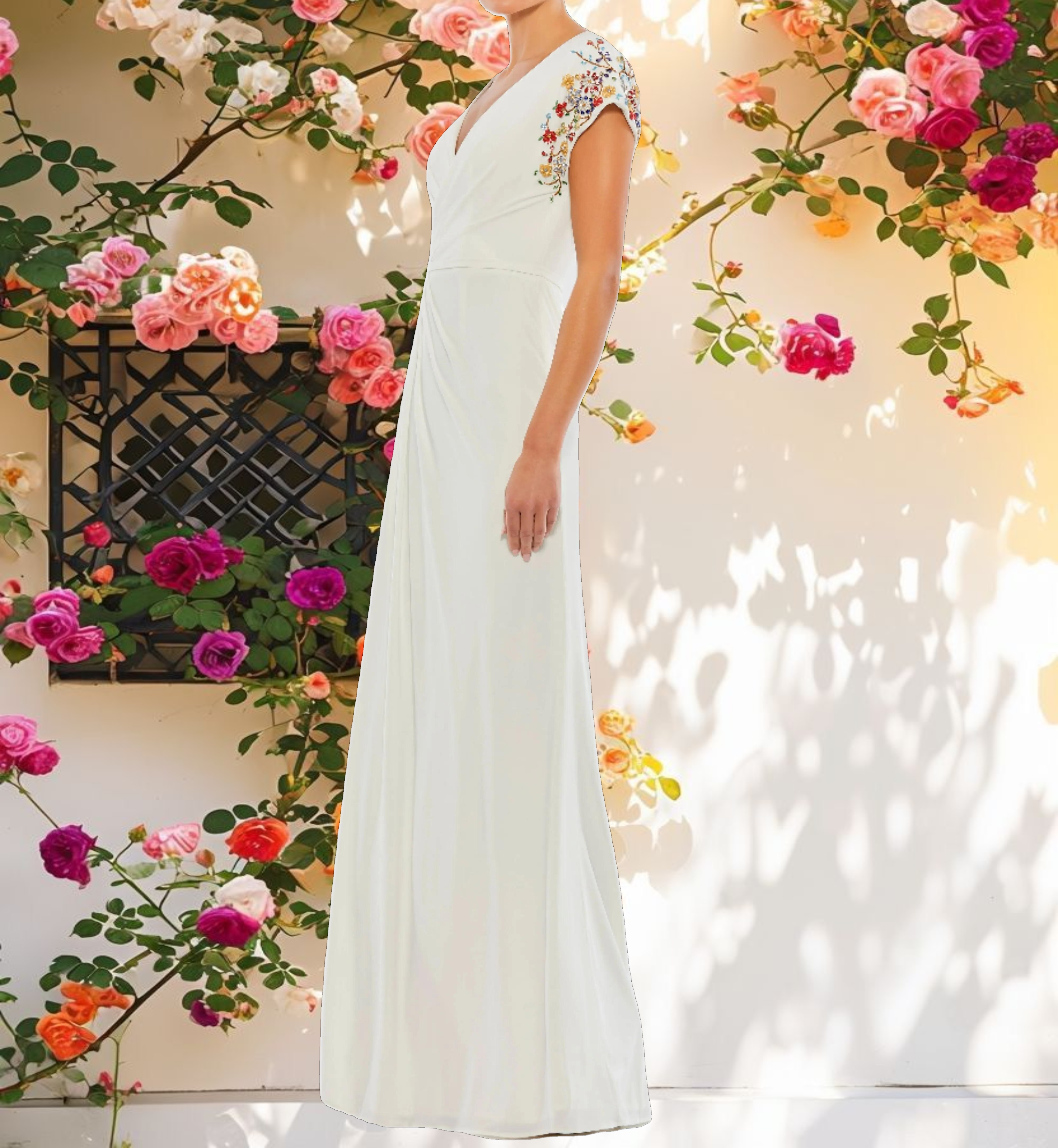 White Embellished Sleeve Jersey Wrap Gown