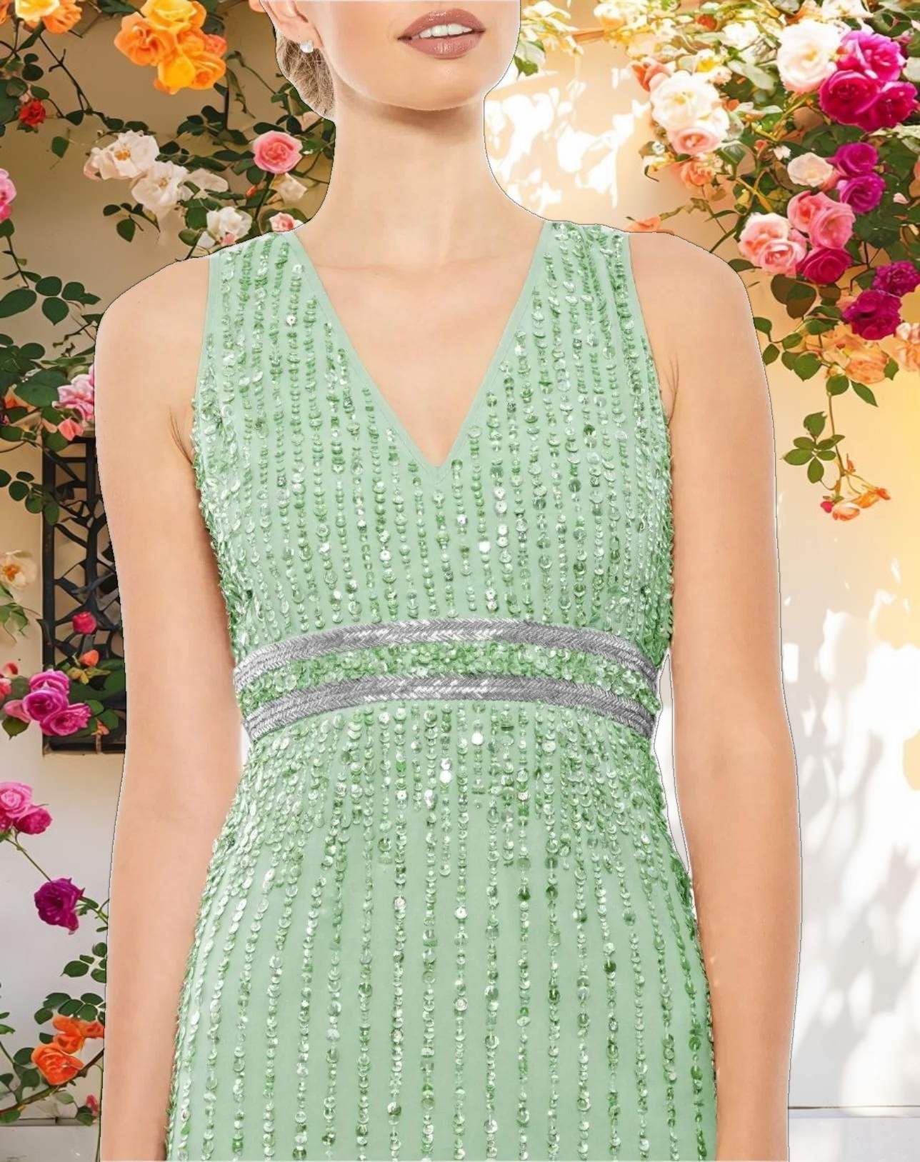 Green Sequined Sleeveless V Neck Midi Sheath Dress
