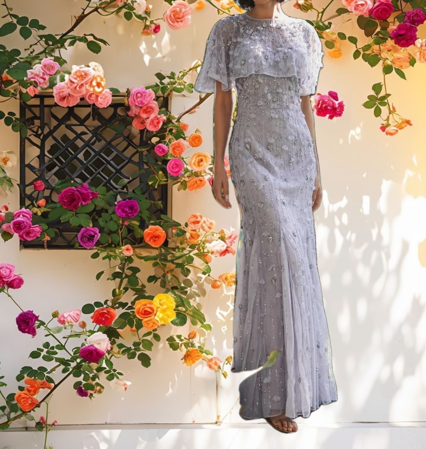 Embellished Illusion Cape Sleeve Trumpet Gown