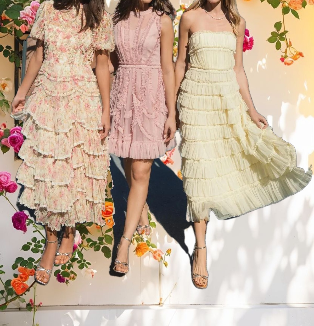 Yellow Mesh Micro Ruffle Strapless Midi Dress