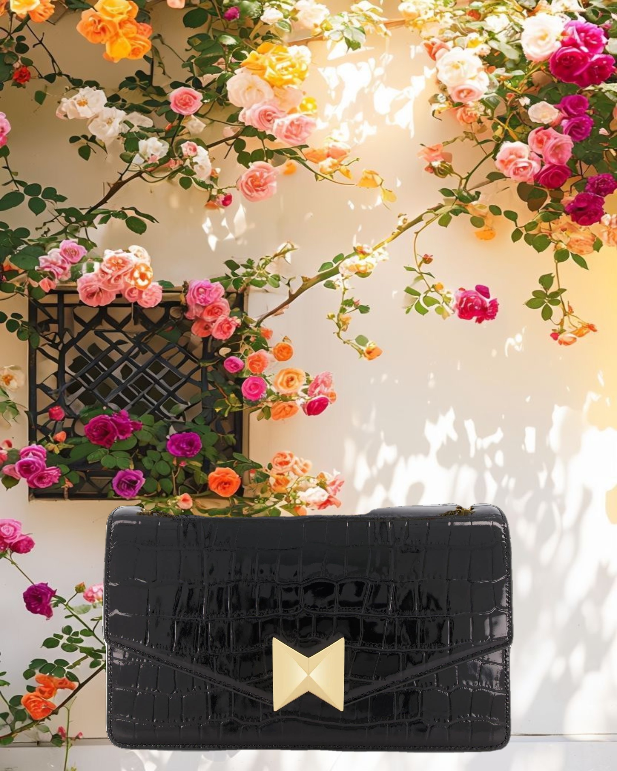 Black Crocodile Leather Shoulder Bag With Gold Hardware