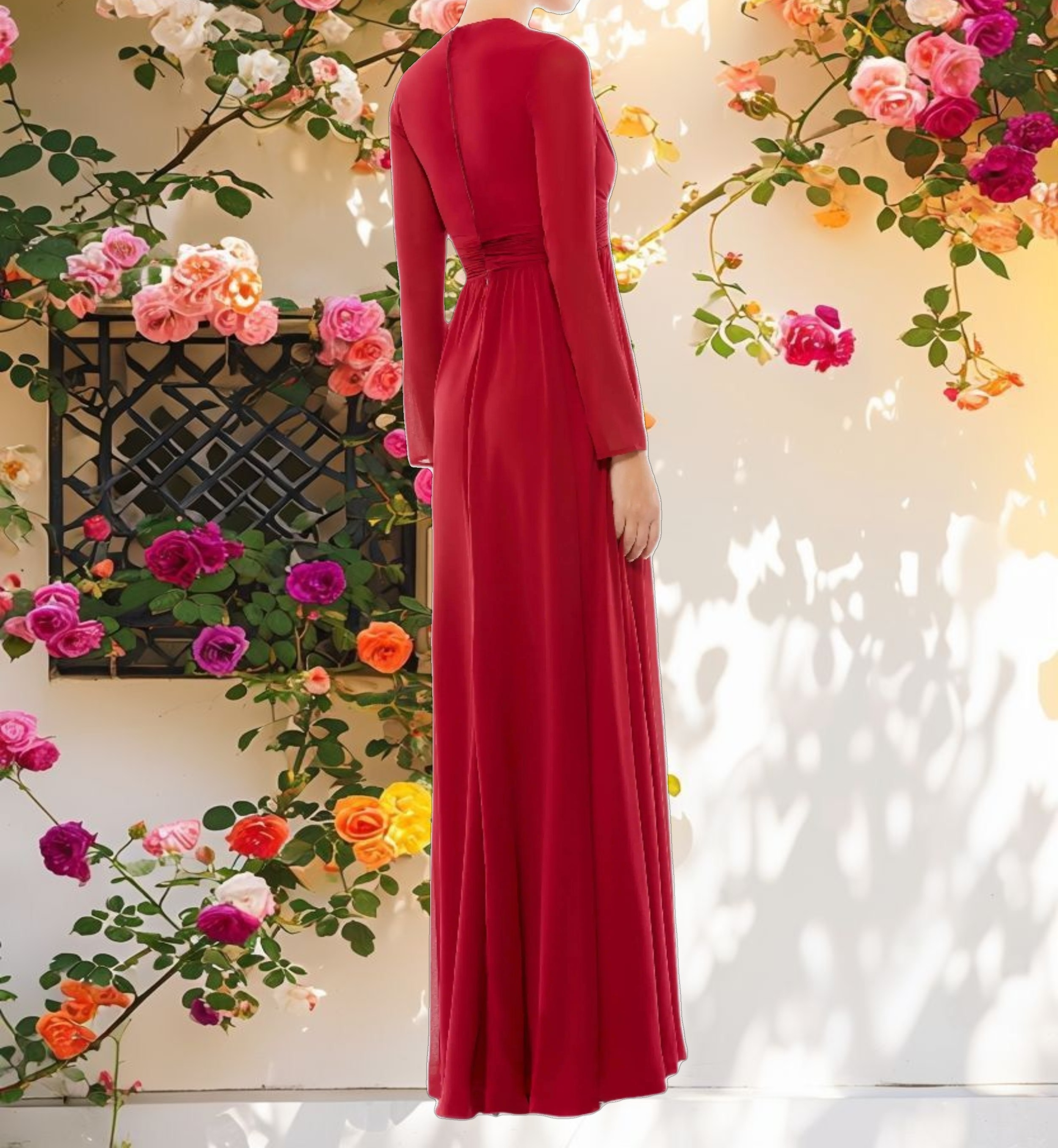 Red V Neck Front Twist Long Sleeve Gown