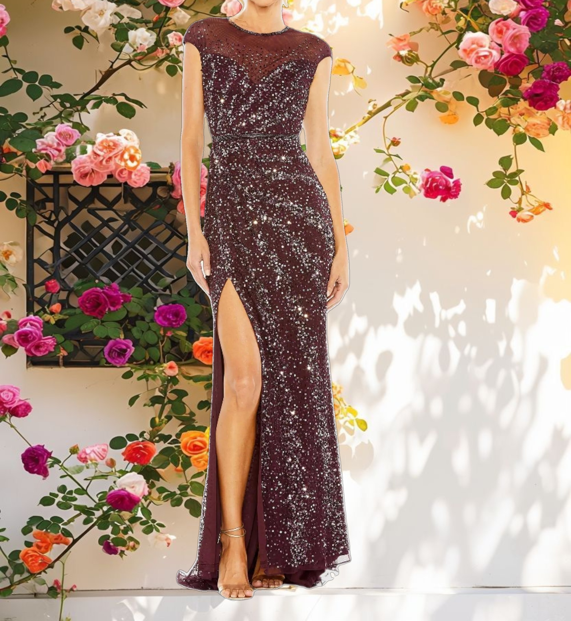 Embellished Illusion High Neck Cap Sleeve Gown