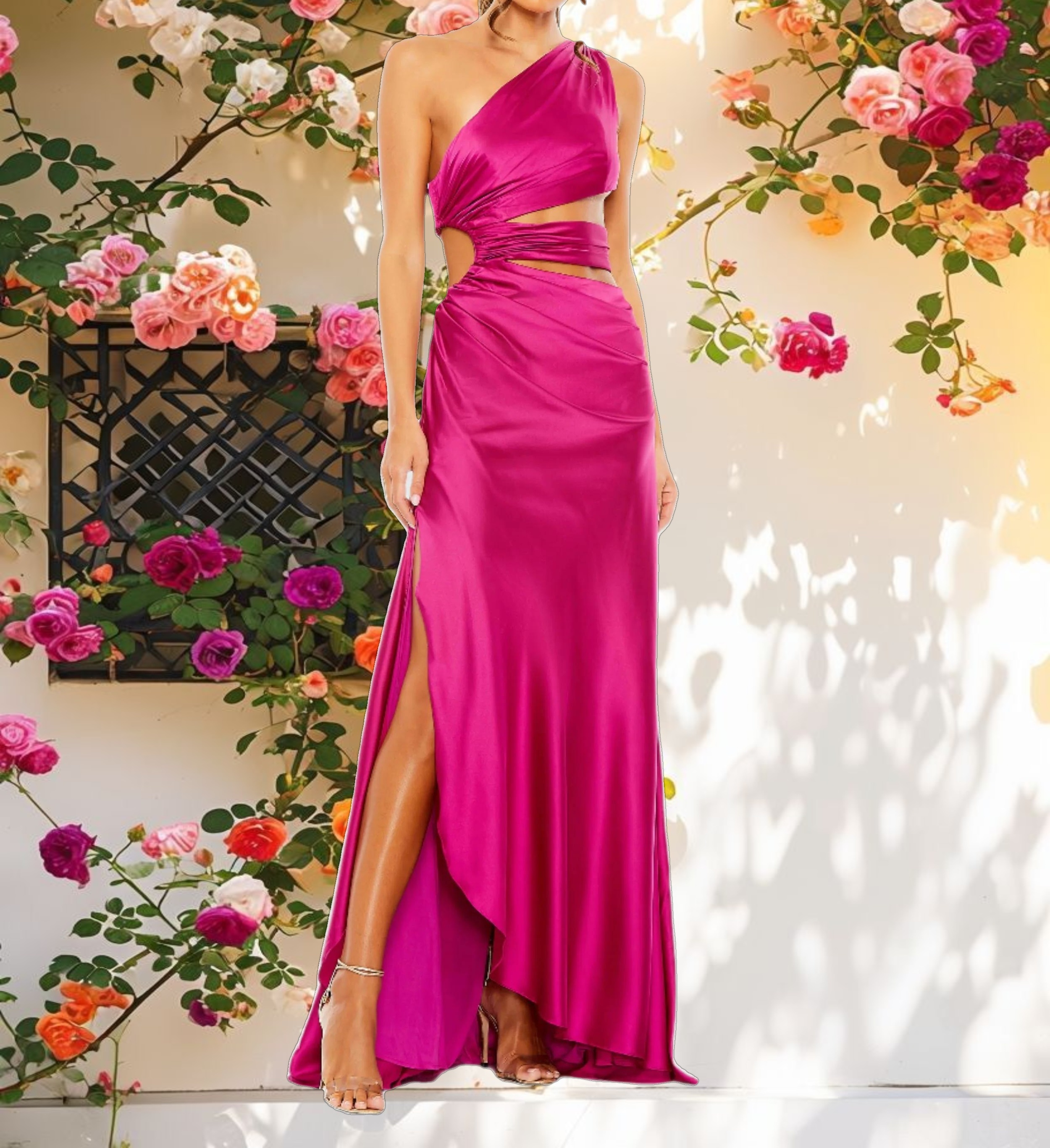 Rose Cut Out Off-Shoulder Silk Dress