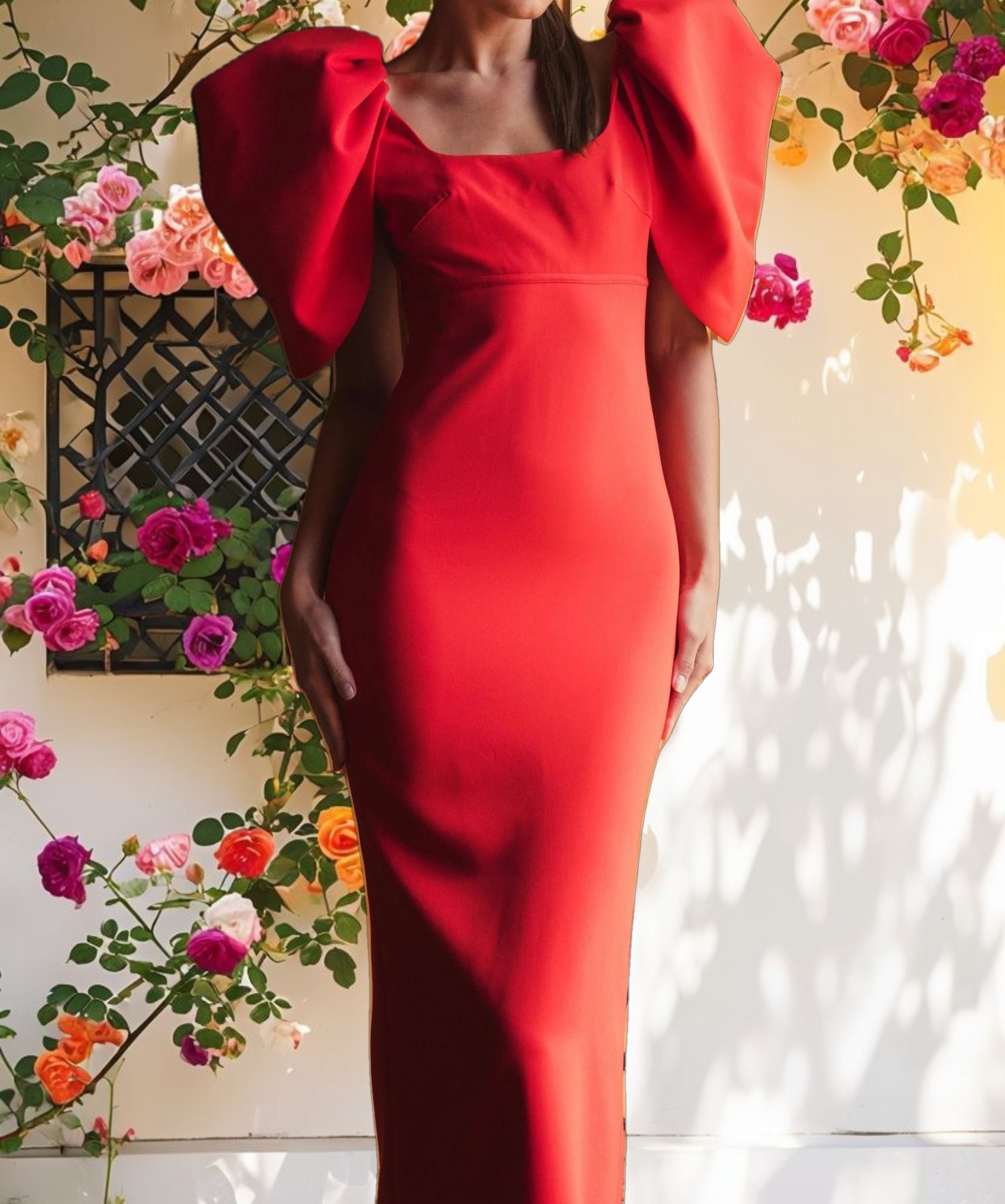 Fitted Crepe Scoop Neck Gown With Puff Sleeves