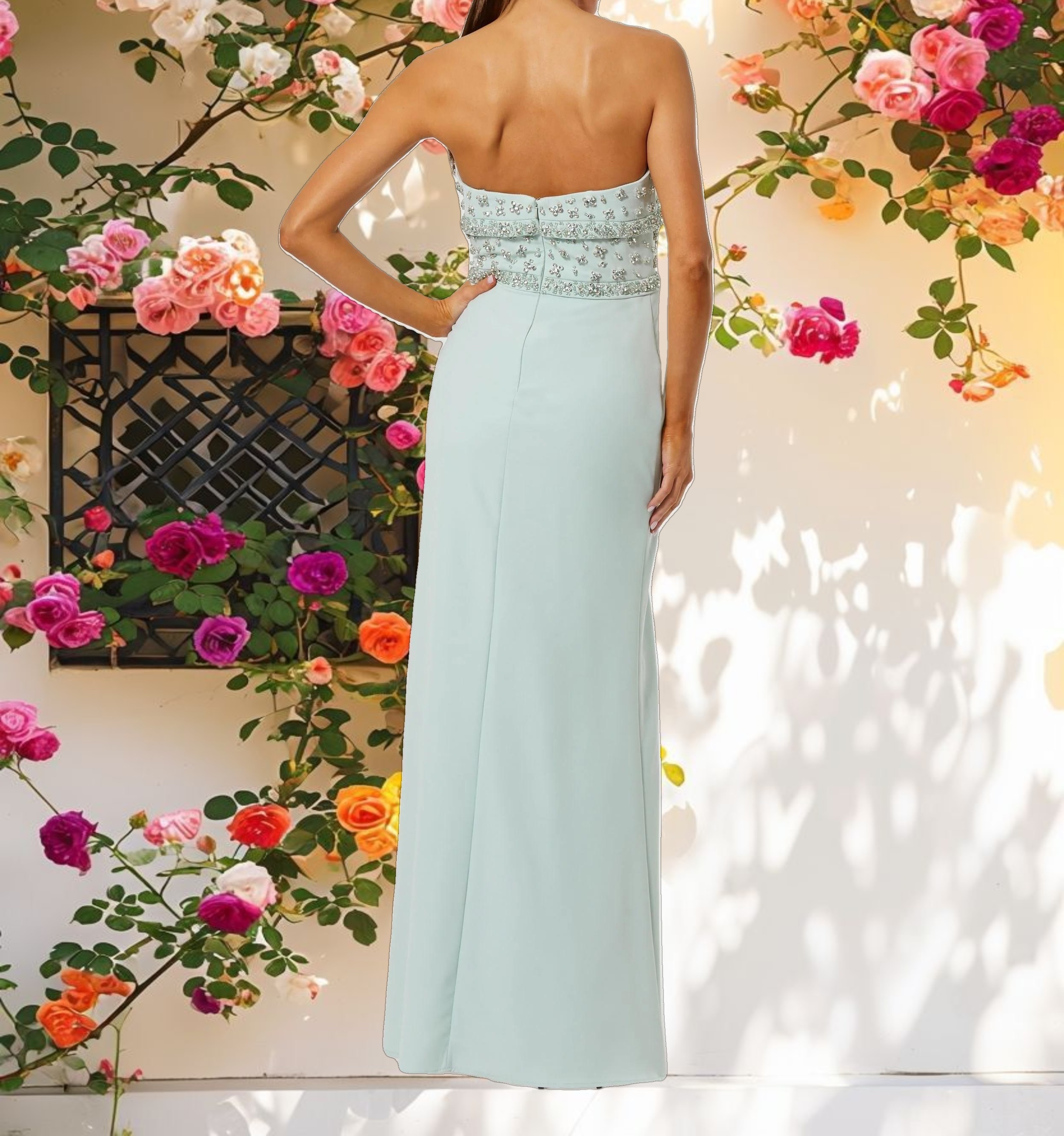 Green Strapless Rhinestone Bodice Crepe Gown