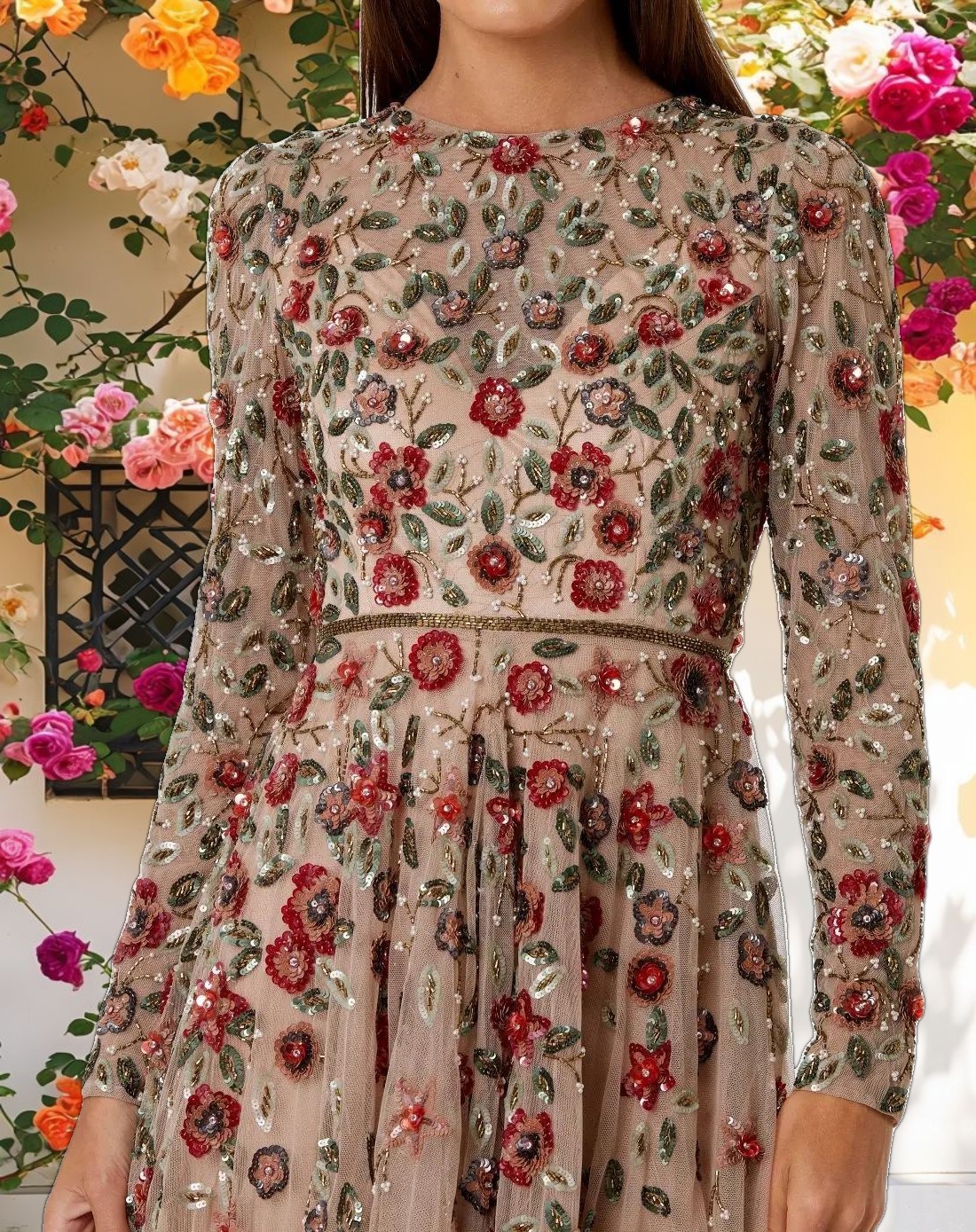 Beige Embellished High Neck Long Sleeve A Line Gown