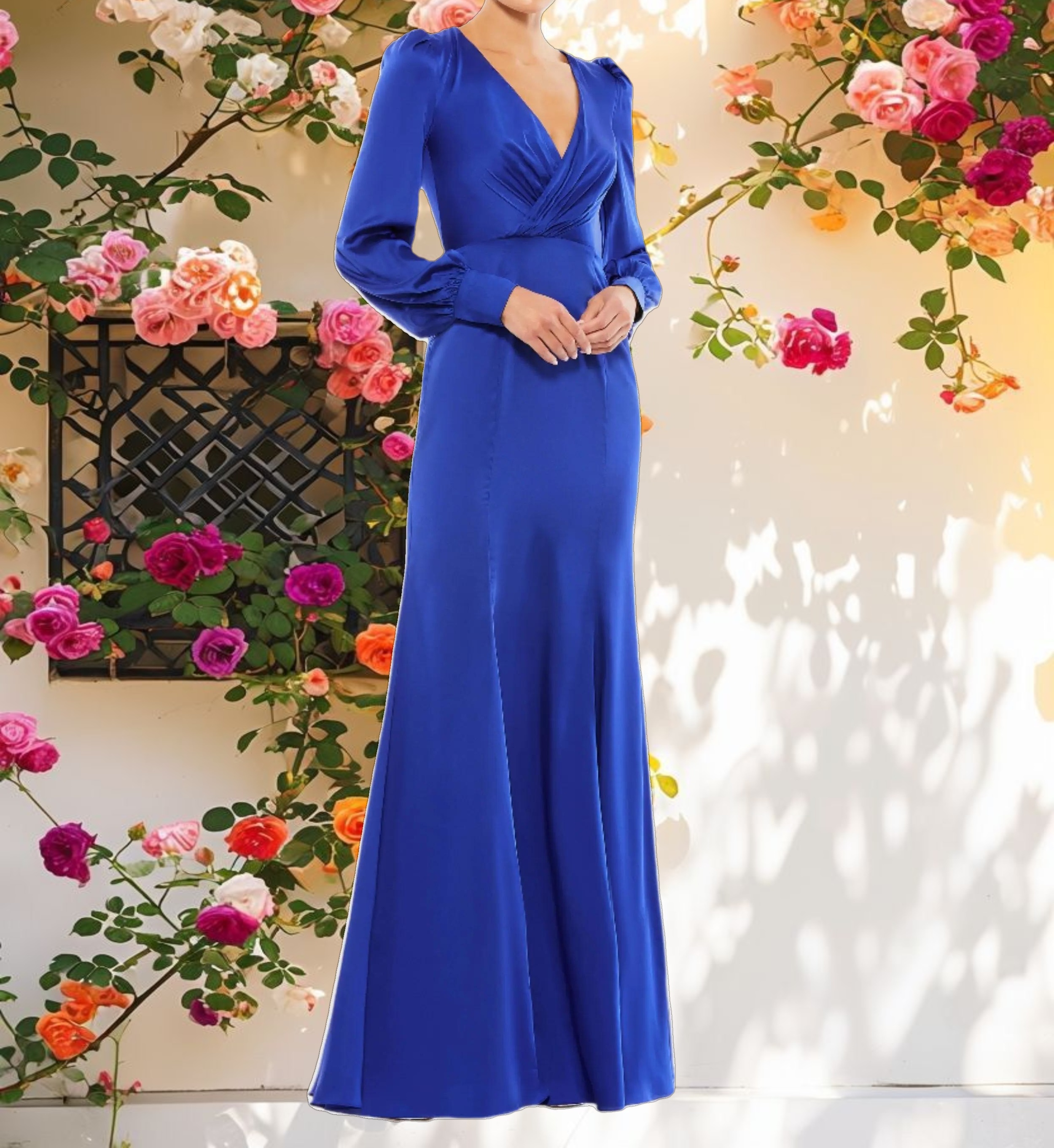 Blue Satin Ruched Bishop Sleeve Gown