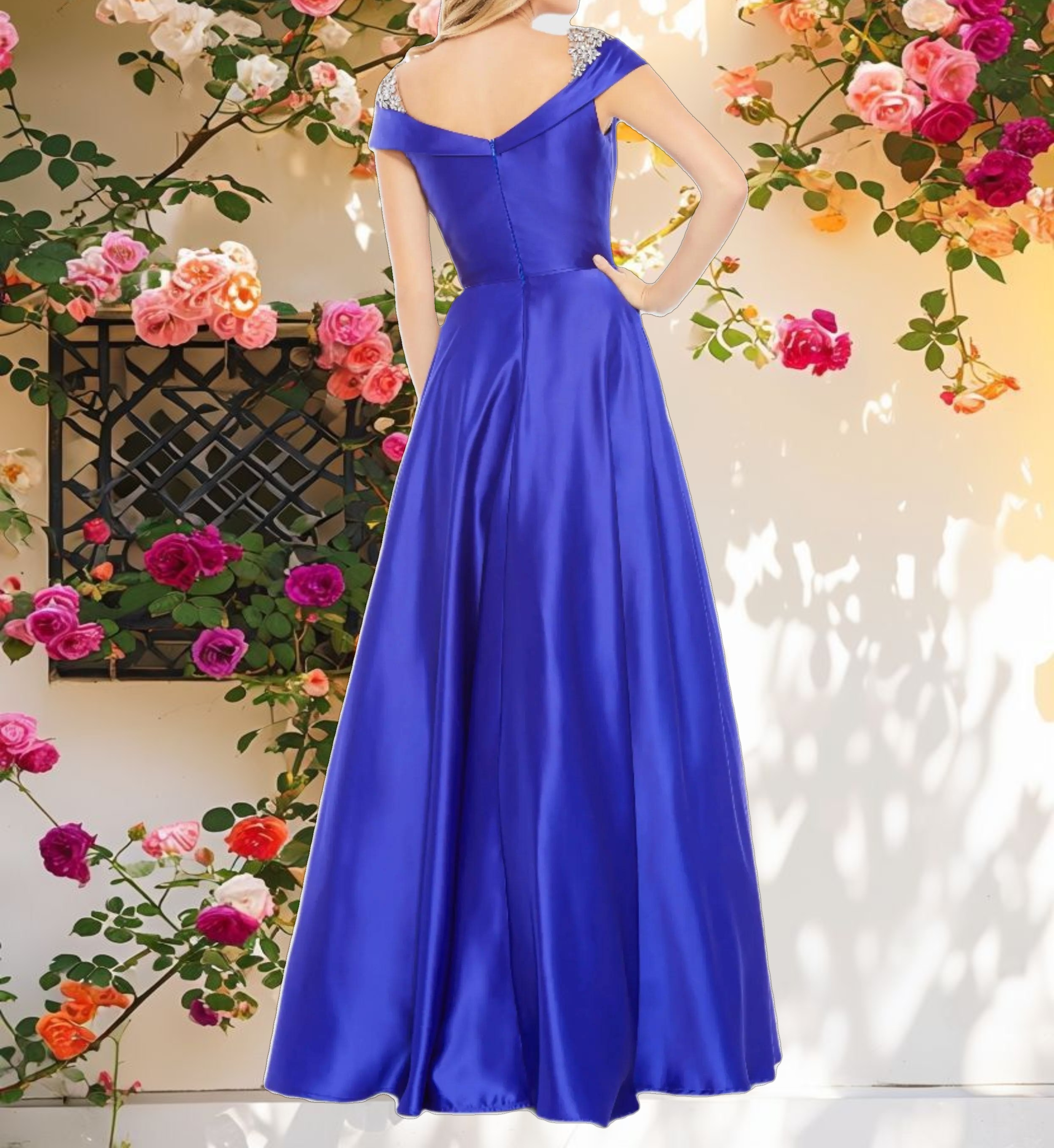 Blue Embellished Cap Sleeve V Neck A Line Gown