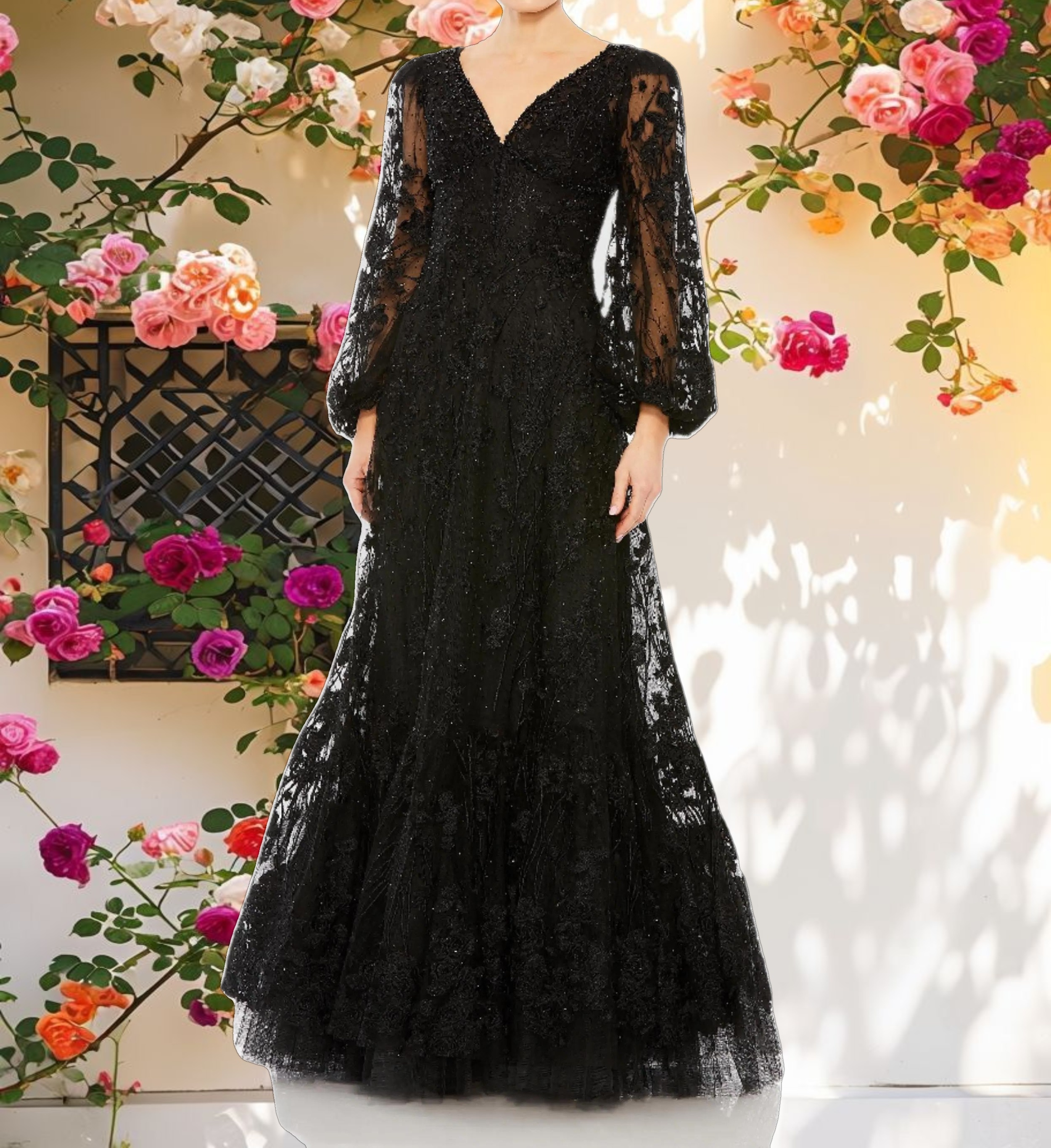 Black Puff Sleeve A Line Embroidered Gown