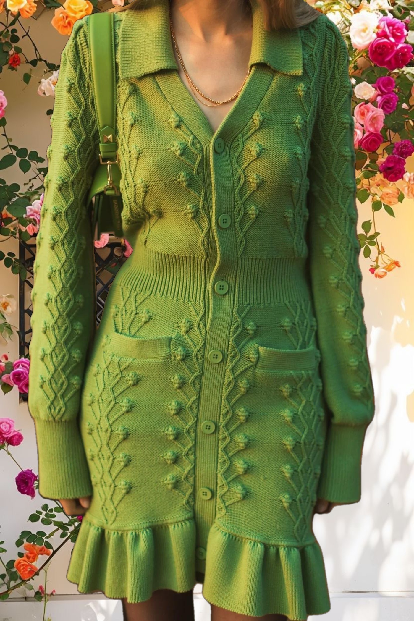 Elegant Long Sleeve Bobble Knit Collared Dress