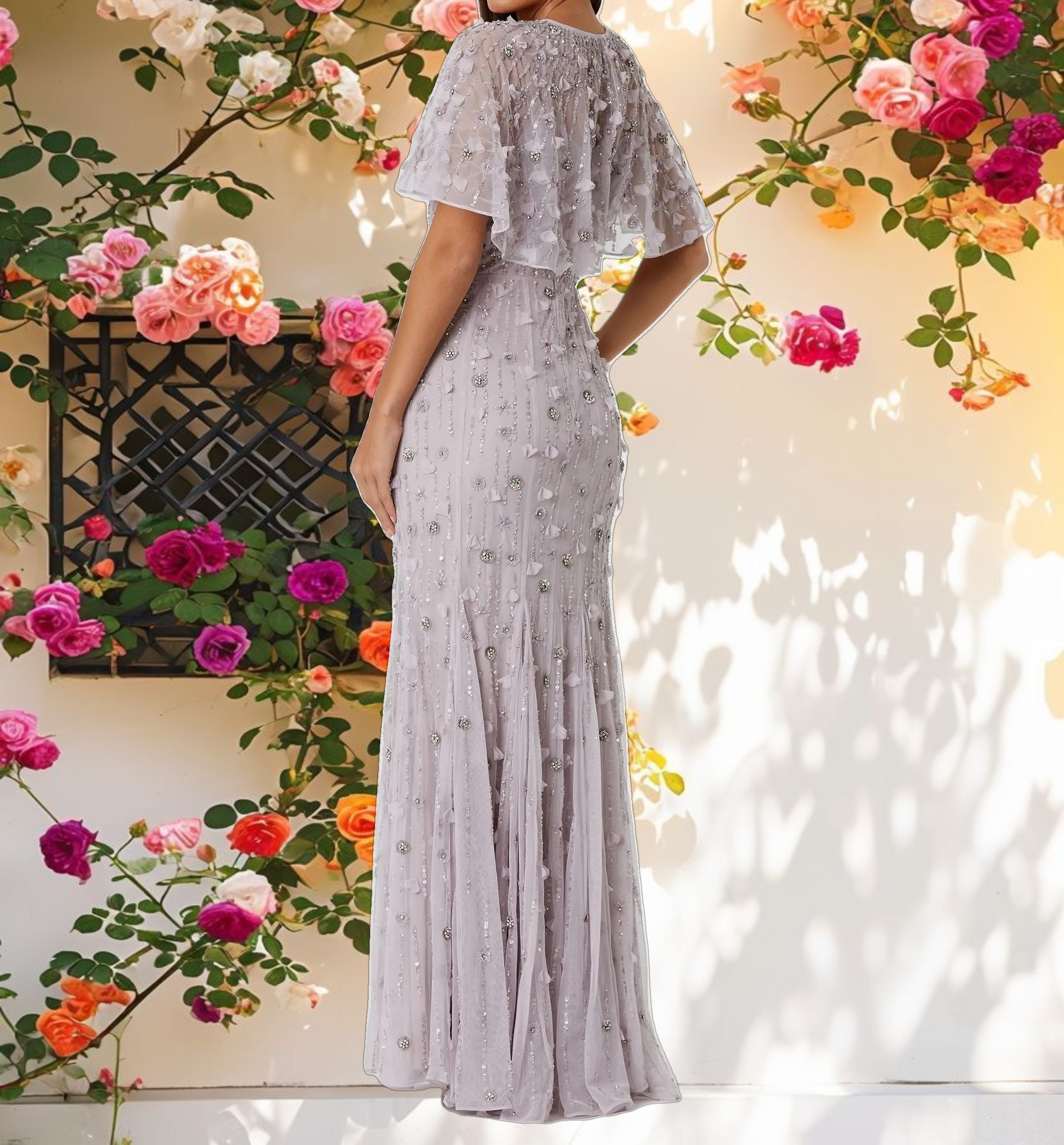 Embellished Illusion Cape Sleeve Trumpet Gown