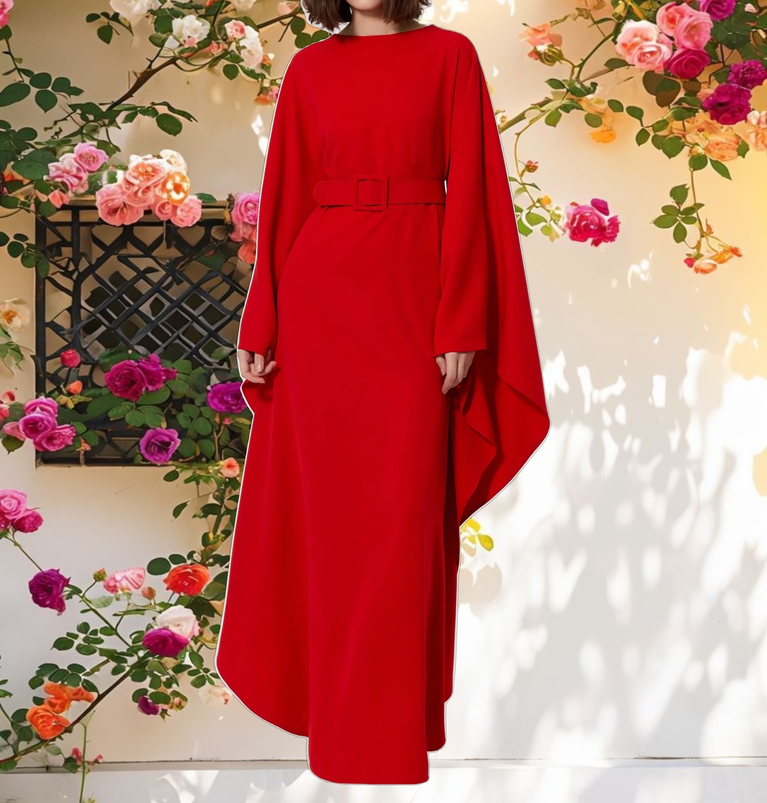 Red Crepe Boat Neck Caftan Maxi Dress With Belt
