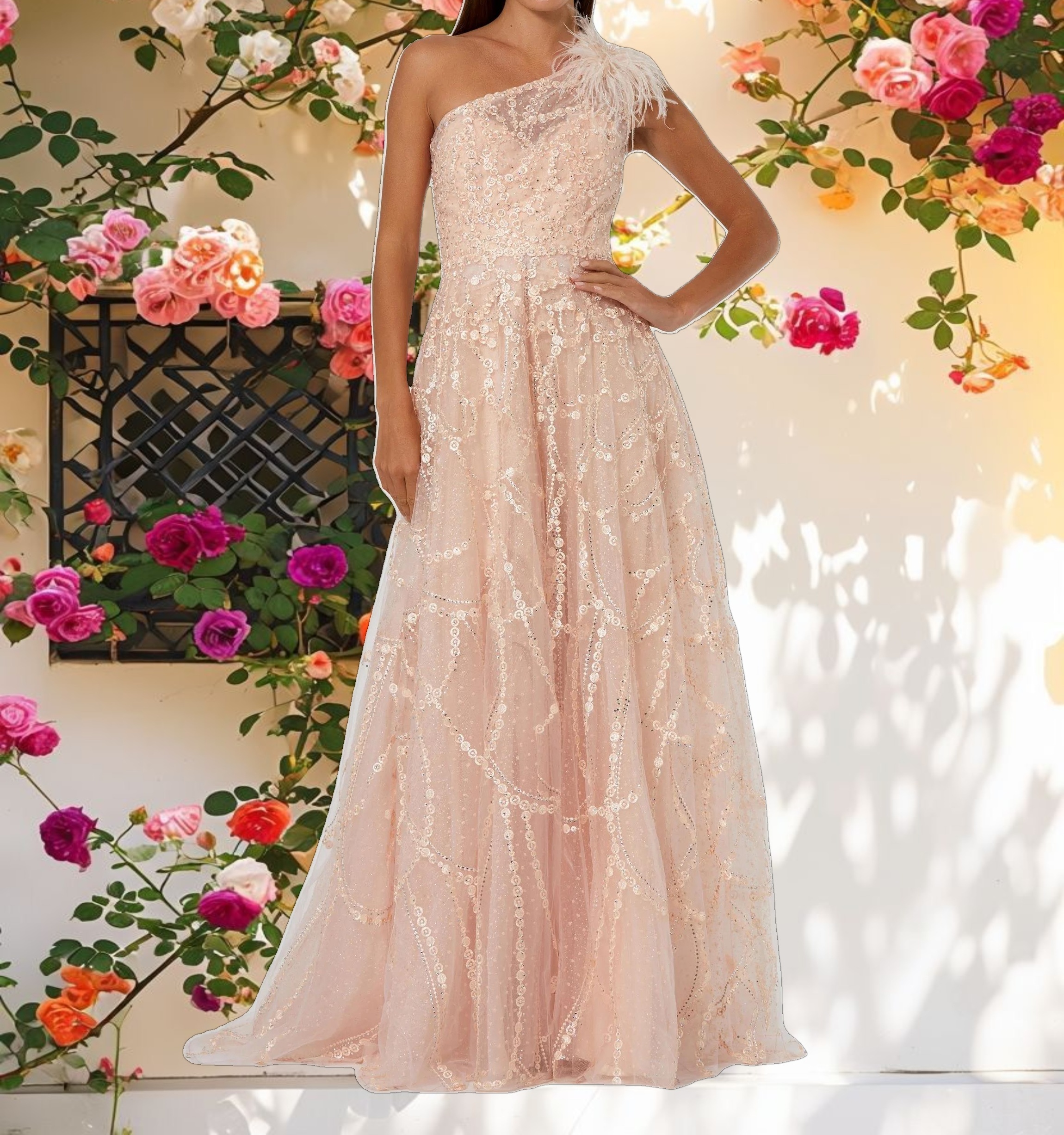 Pink Embellished One Shoulder A Line Gown