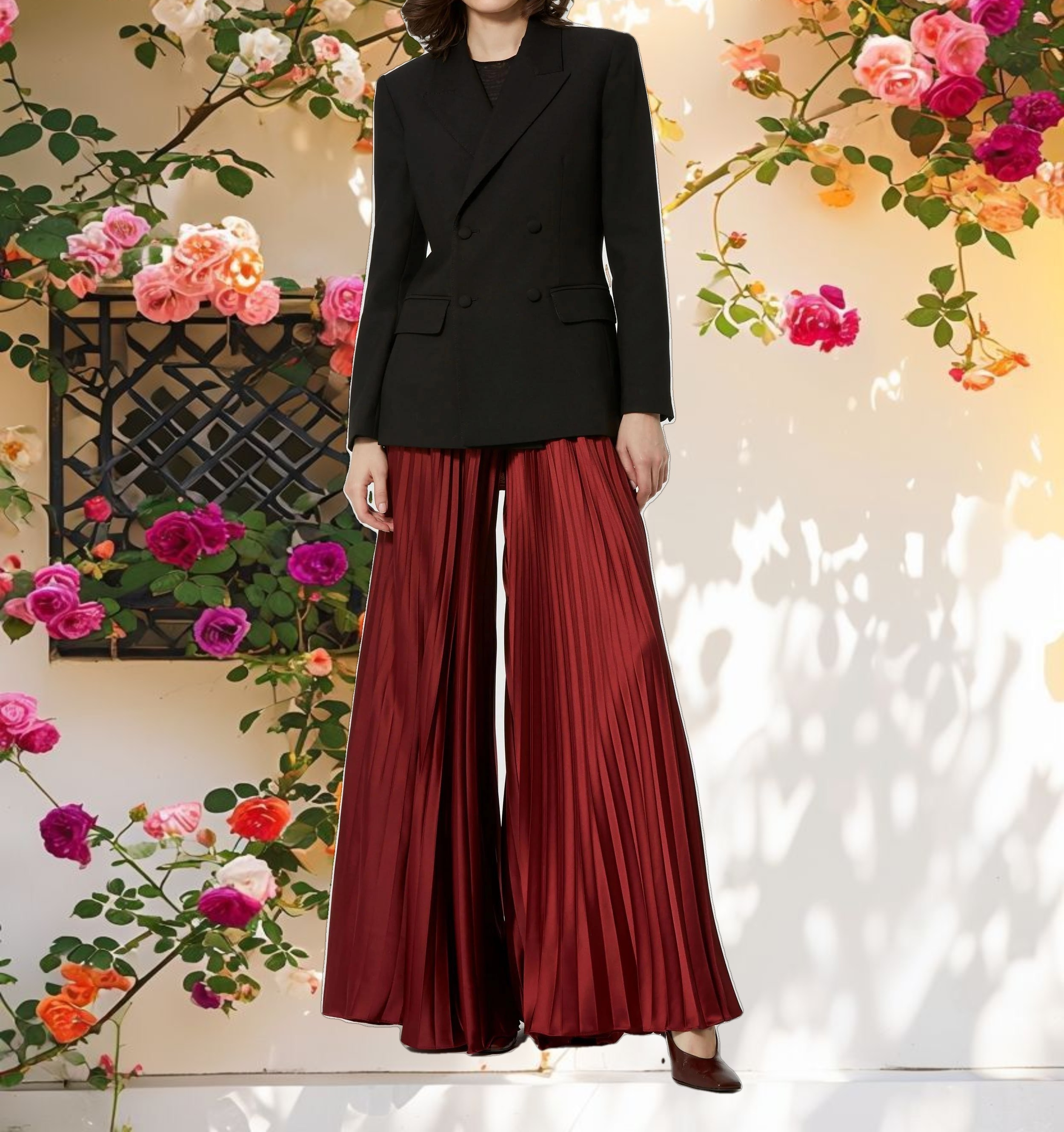 Pleated Charmeuse Wide Leg Trousers