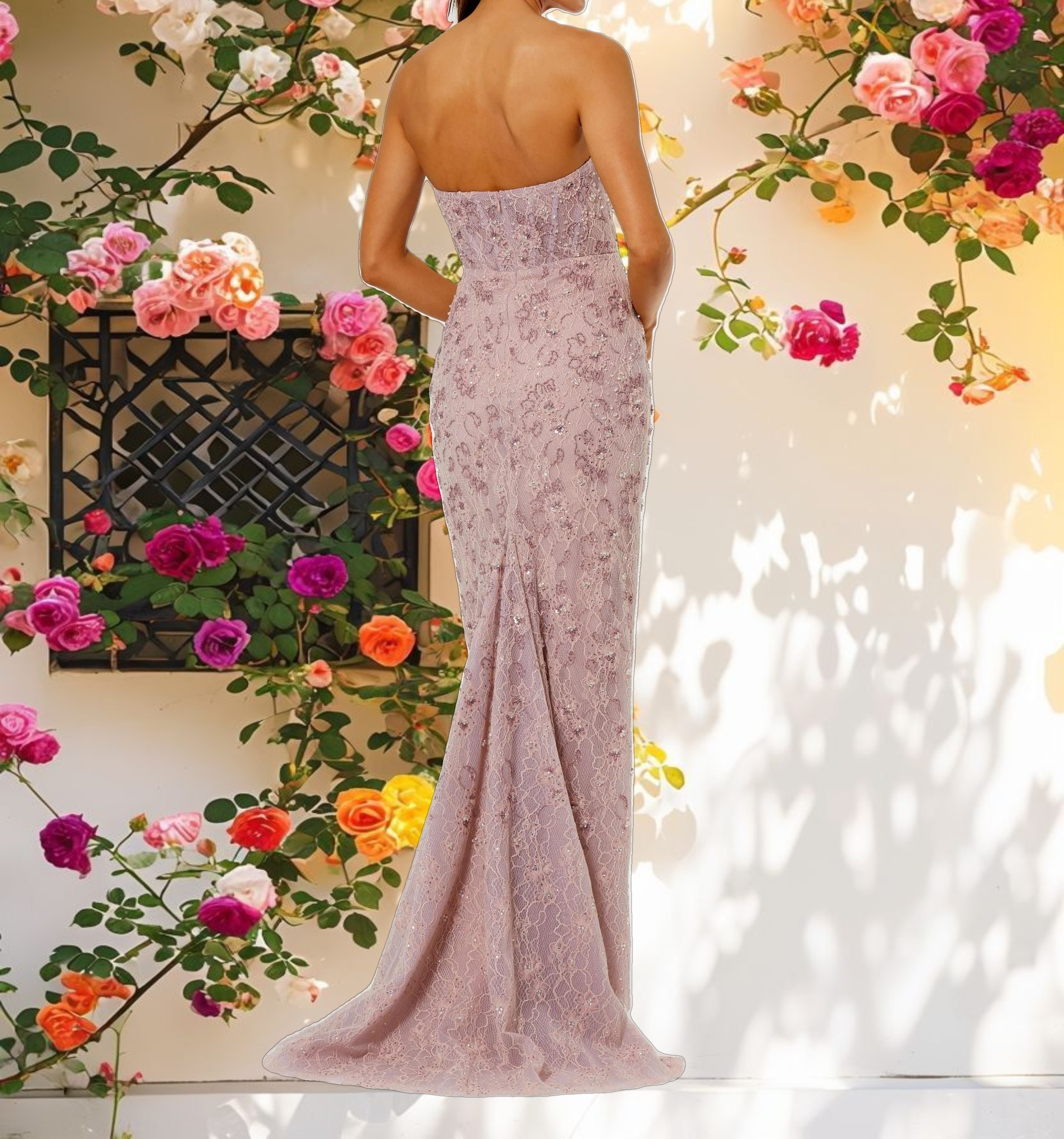 Pink Embellished Strapless Bustier Gown With Sweeping Train
