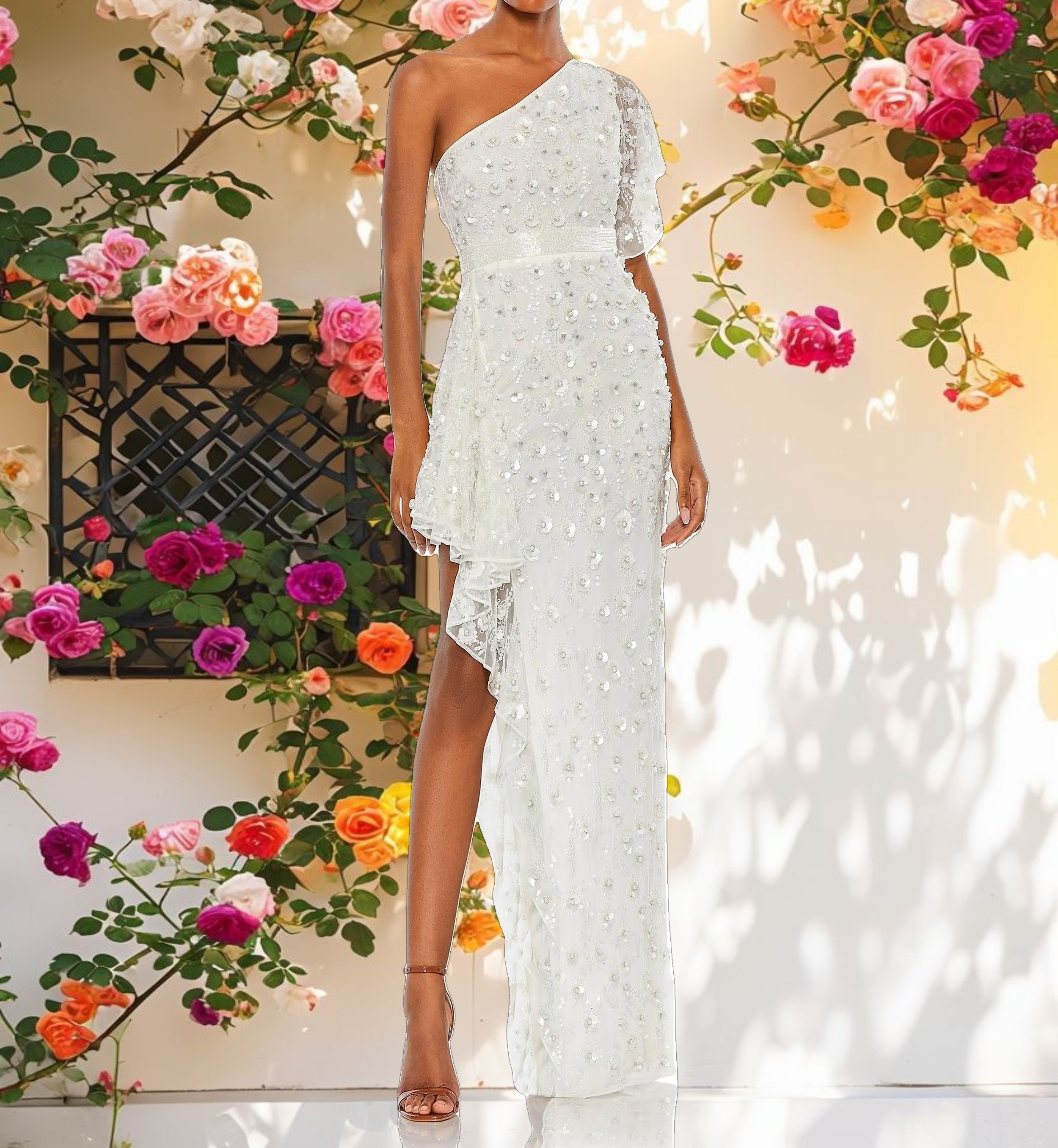 White One Shoulder Embellished Gown