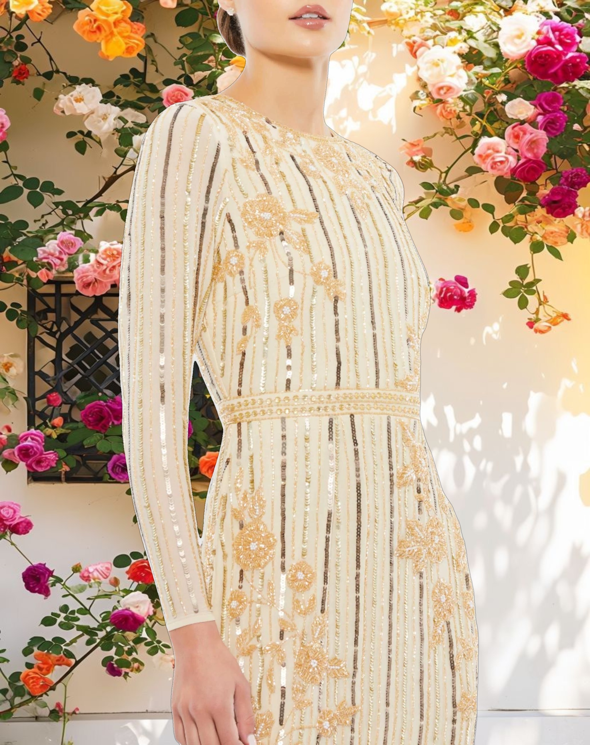 Golden Long Sleeve Decorated Tea Length Dress
