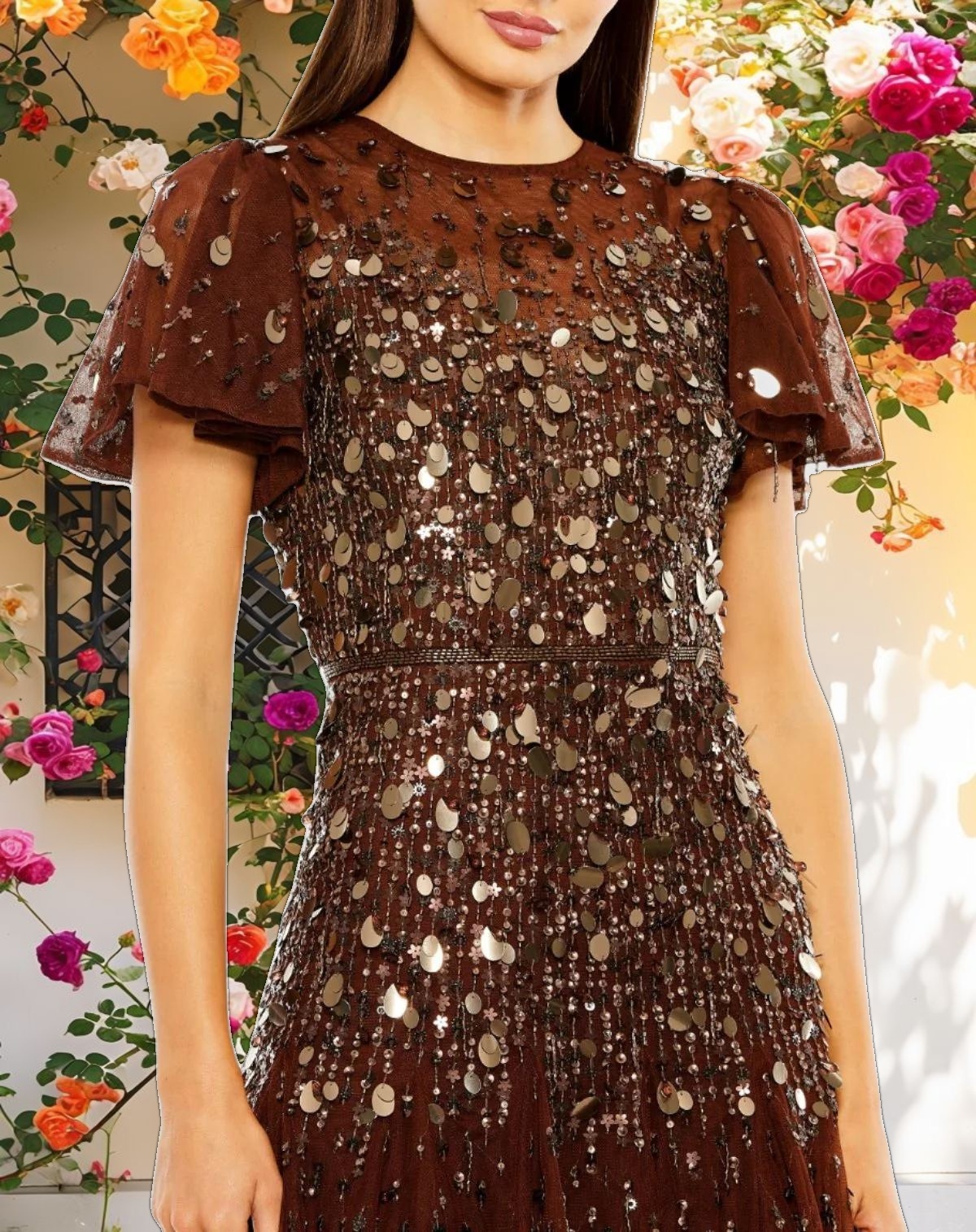 Flutter Sleeve Sheer Top Beaded Dress