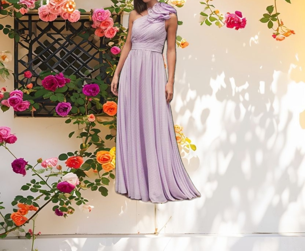 Purple Polka Dot Ruffled One Shoulder Gown