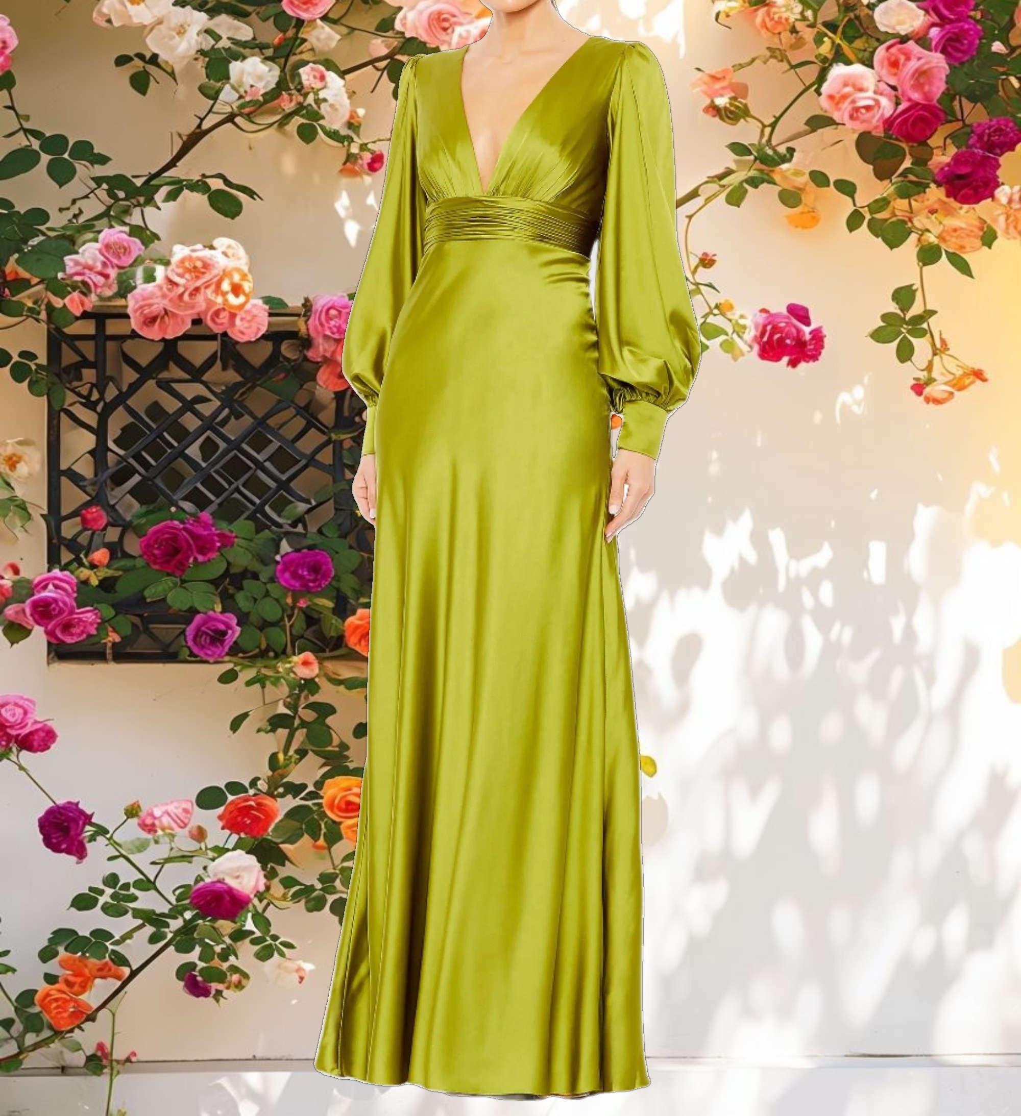 Charmeuse Bishop Sleeve V Neck Gown
