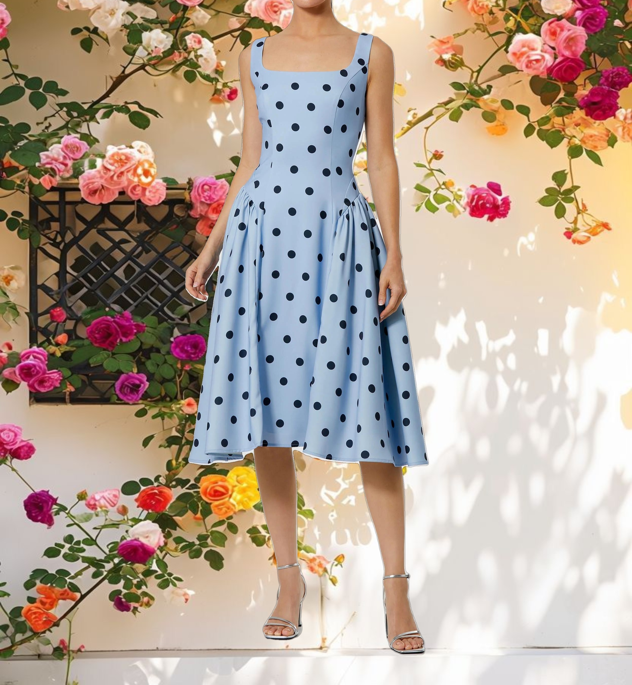 Blue Square Neck Crepe Polka Dot Fit and Flare Midi Dress