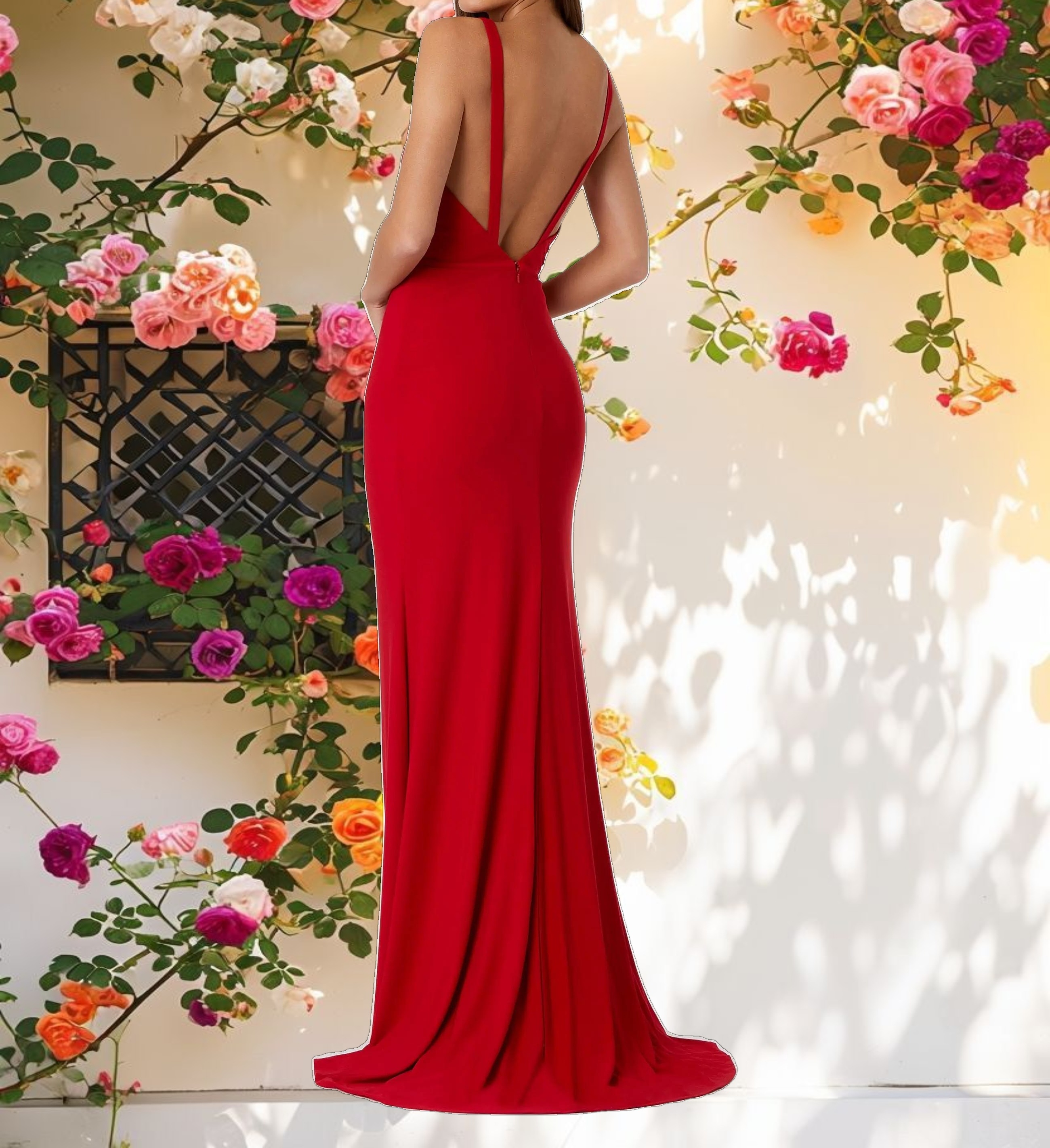 Red Plunge Neck High Slit Gown