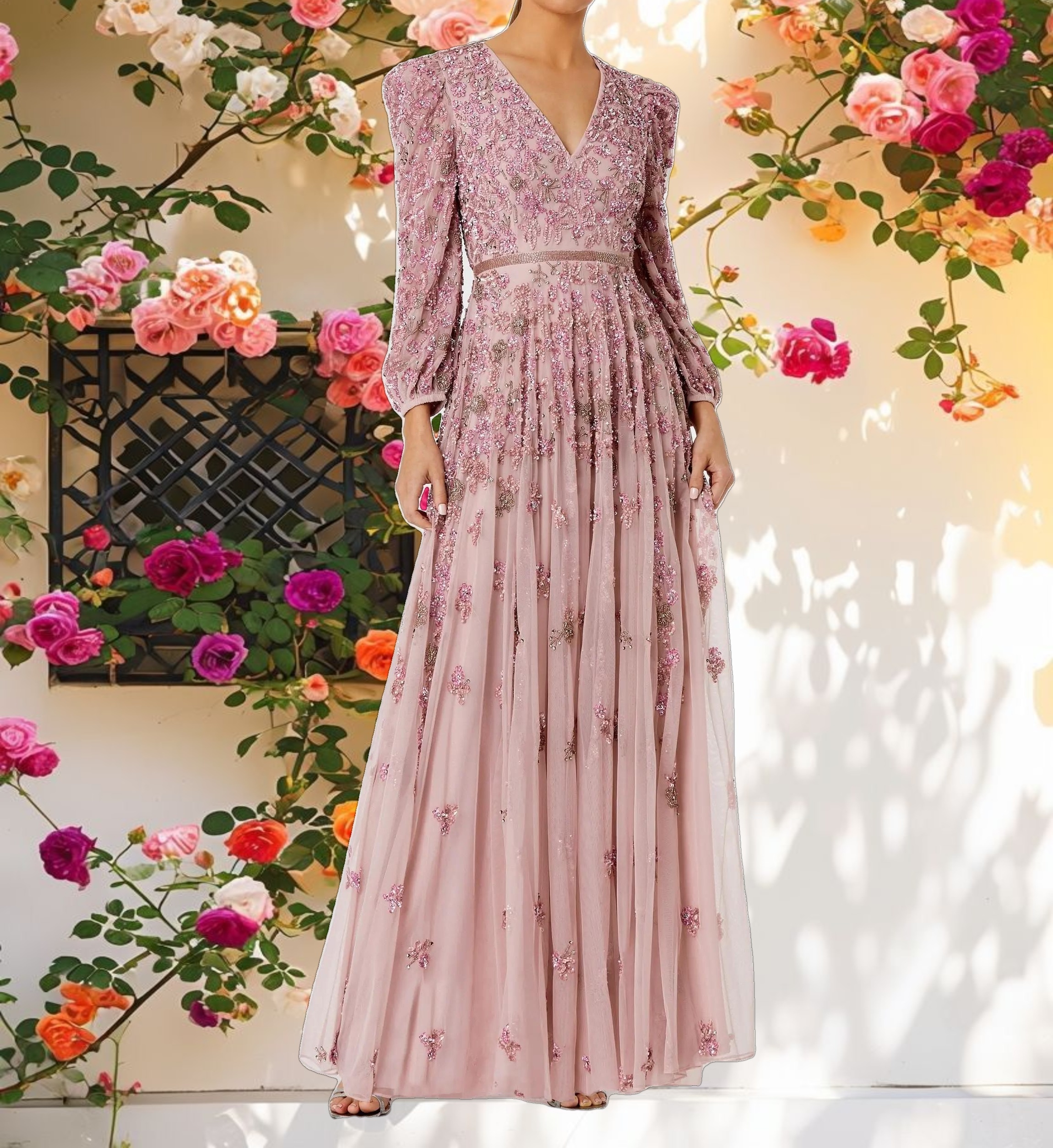 Embellished V-neck Long Sleeve A Line Gown