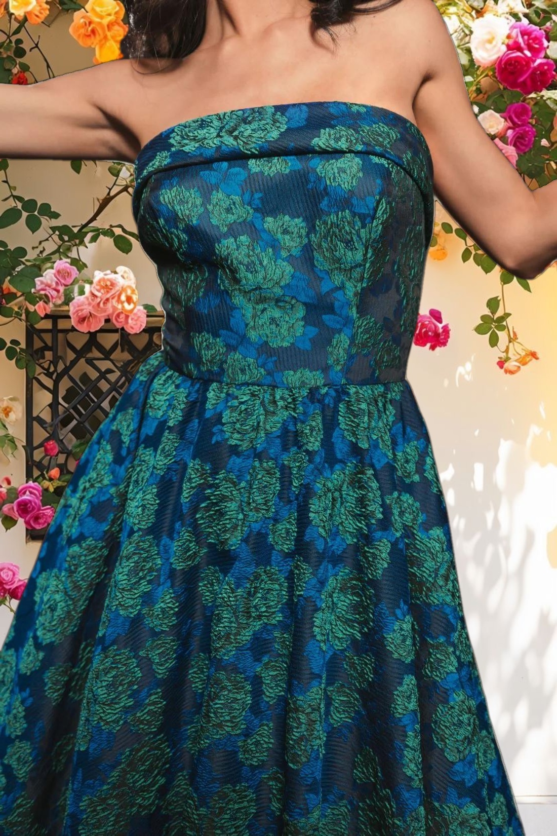 Blue and Green Brocade Strapless A Line Midi Dress